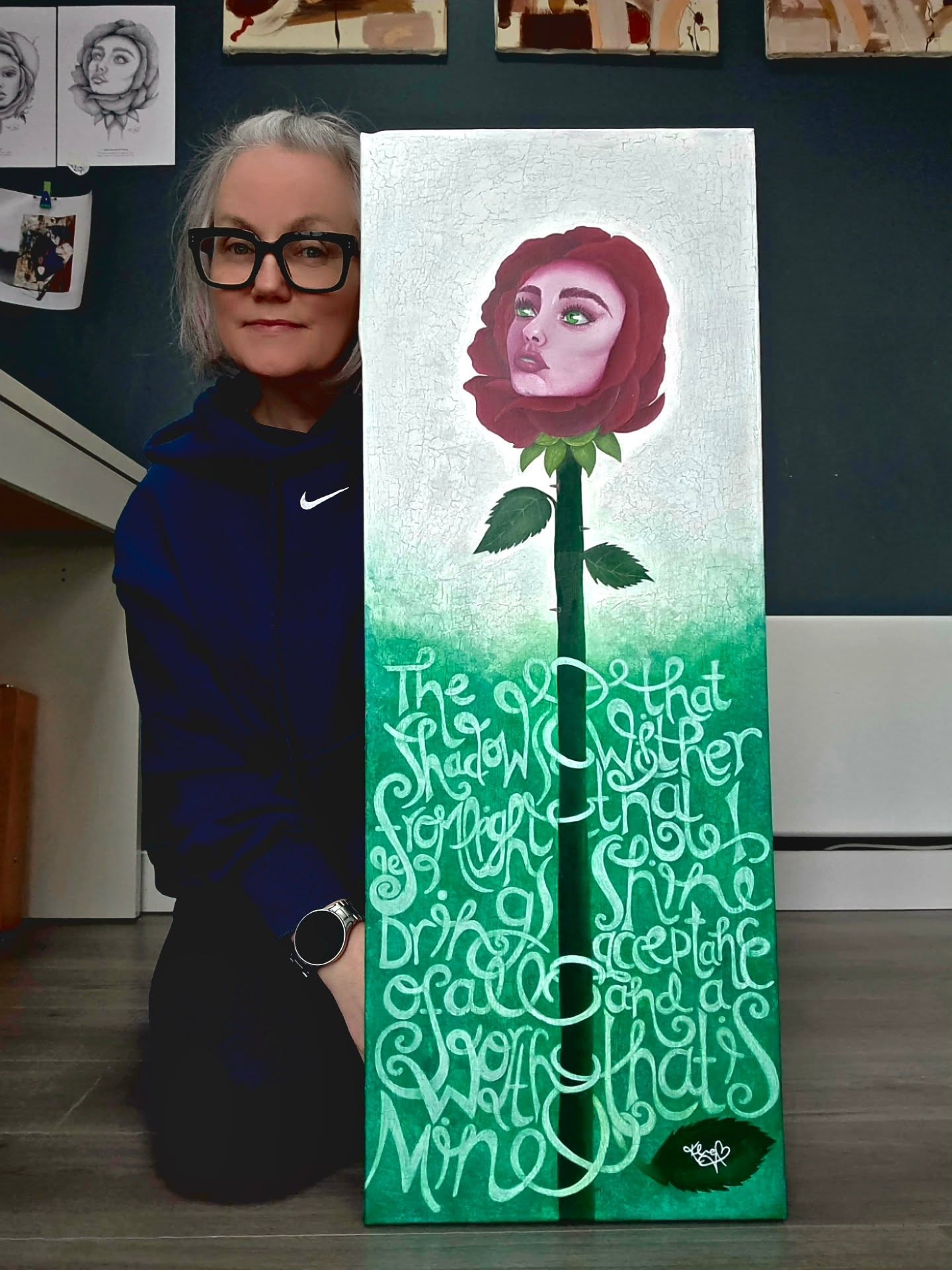 Finally, my painting is complete! Its title is 'Every rose has its thorns' and the story is, we are all flawed by systemic standards, yet perfect in the eyes of creation. We are designed by nature to surive and thrive, yet we often condemn the very parts of us that are built in in to do that very thing. Thorns protect a roses beauty and survival, our flaws protect ours.
Creating this painting had me clamber up a mental and emotional mountain, it's been painful at times and exhilarating at other times. And I hope when you look at this painting and read its pointant message, it'll also move you embrace and celebrate your flaws and imperfections.
Love and Light, Kagsy. x
A modified version of this painting is available as a fine art print.
#flowerart #mixedmediaart #spiritualart