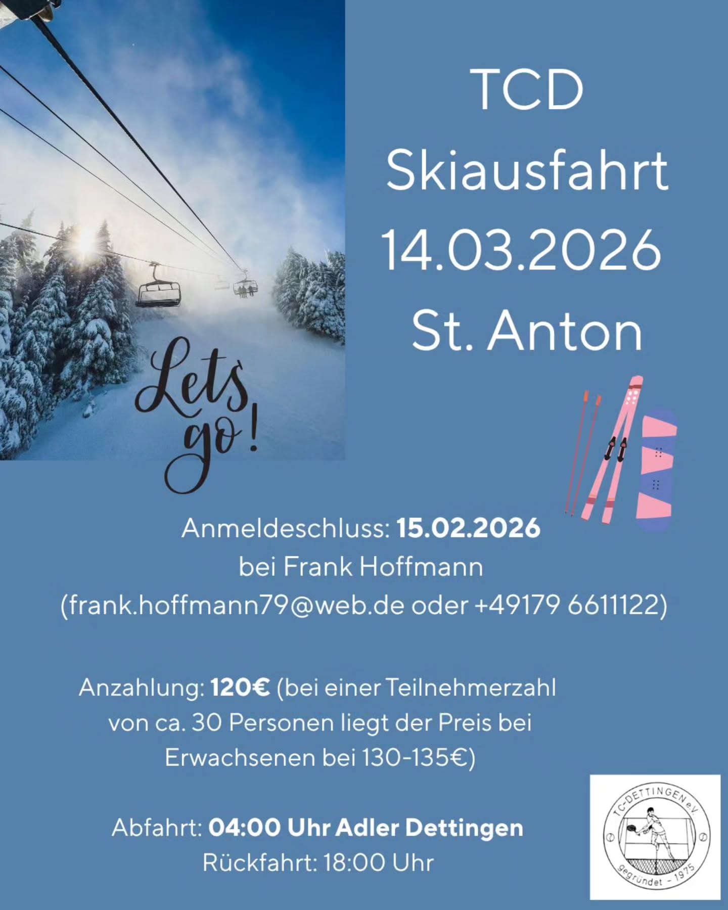 TCD-Skiausfahrt 2026 am 14.03., meldet euch jetzt an ⛷️🏂🏾
#tcdettingen#tennis#skiausfahrt#skiing#mehralsnurtennis