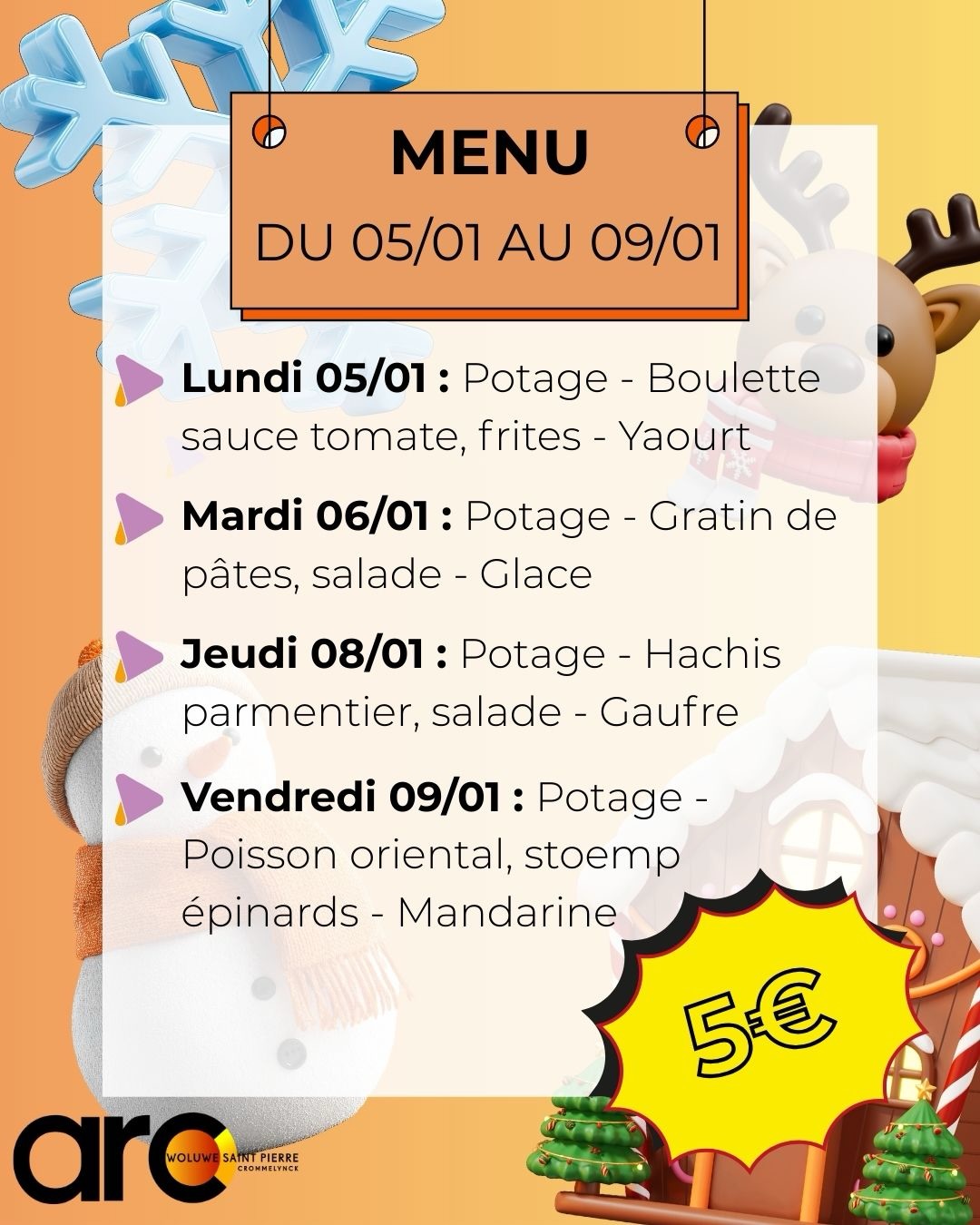 ❄️ Le menu du mois de janvier 2026 est arrivé ! ❄️
Pour bien commencer l’année, la cantine vous propose des repas chauds, équilibrés et gourmands, préparés chaque jour sur place dans les cuisines de l’école par notre équipe.
🍽️ Au menu :
👨🍳 Plats faits maison, cuisinés directement à l’école ;
🥣 Recettes réconfortantes et menus d’hiver pour affronter le froid ;
🥗 Accompagnements variés et desserts gourmands pour un repas complet.
💶 Un repas complet à seulement 5€, accessible à toutes et à tous.
📅 Retrouvez le menu détaillé affiché au réfectoire et sur nos réseaux.
Très bonne année et bon appétit ! 😋
#CantineScolaire #MenuJanvier #FaitMaison #CuisineSurPlace BonAppétit