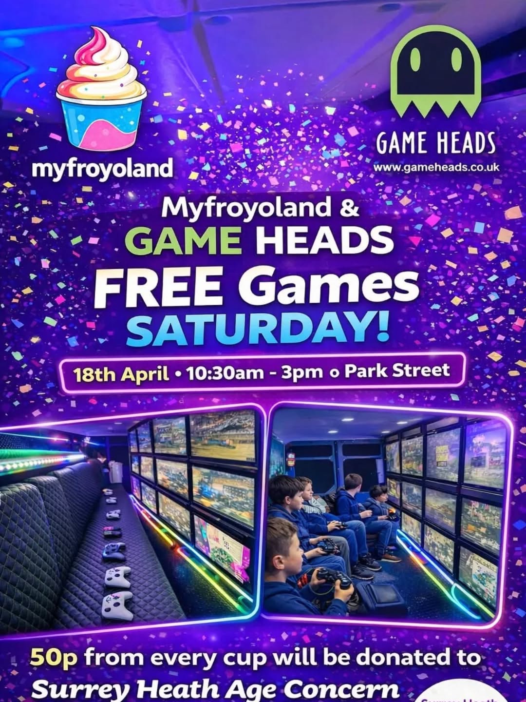 Free Gaming Session outside MyFroyoland in Camberley on 18th April 2026 from 1030-15:00 (ages 7+) 24 Park Street Camberley.