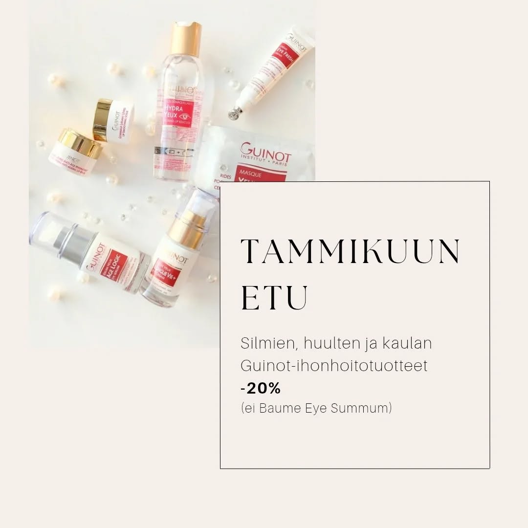 Nyt tammikuussa hellitään herkkiä ihoalueita 💜
Guinotin silmien, huulten ja kaulan ihonhoitotuotteet upealla - 20% edulla!