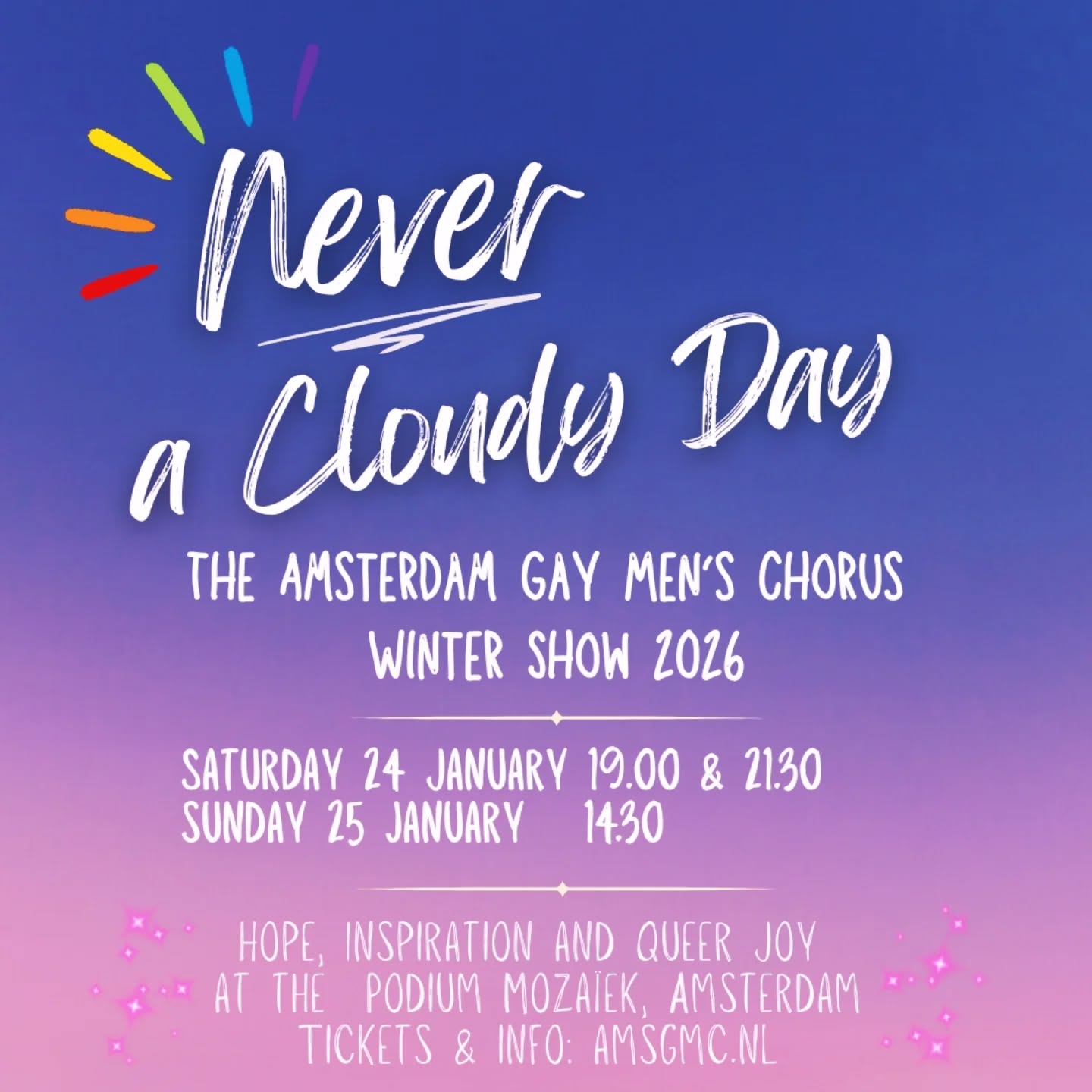 Back to work blues? The Amsterdam Gay Men’s Chorus has the show to brighten up your January!
With a selection of upbeat hits from the world of pop, rock and the musicals, the AMSGMC Winter Show will celebrate hope and the power of music to connect our community.
More than 100 singers and dancers from AMSGMC will perform at the Podium Mozaiek (Bos en Lommerweg 191). Choose from the following three shows - we can promise you hope, inspiration and queer joy!
Sat 24 Jan, 19.00 and 21.30
Sun 25 Jan, 14.30
Book your tickets now at amsgmc.nl