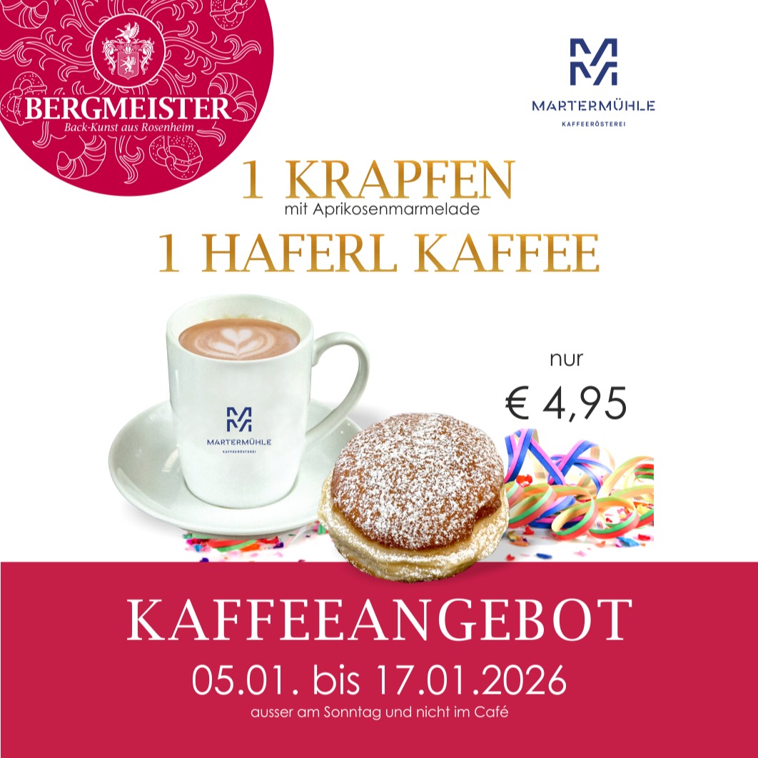 🎉☕️ **Neues Kaffeeangebot bei Bäckerei BERGMEISTER!** 🍩✨
Hey ihr Lieben!
Habt ihr schon von unserem mega neuen Angebot gehört? Holt euch jetzt ein Haferl Kaffee und einen leckeren Krapfen mit Aprikosenmarmelade für unschlagbare **4,95 €**! 😍👌 Perfekt für die Kaffeepause! Aber aufgepasst: Dieses Angebot gilt nur für zwei Wochen! Also sichere dir unbedingt unseren neuen Preiskracher!
Wir freuen uns auf deinen Besuch! ❤️
Dein BERGMEISTER-Team
#bäckereibergmeister #bergmeister #leckerschmecker #handwerk #handwerkskunst #krapfen #krapfenliebe #kaffeeliebhaber #fasching2026 #angebot #wochenangebot #bäckerei #sparen #genuss #rosenheim #kolbermoor #stephanskirchen #schlossberg #wasserburgaminn #wasserburg #neubeuern #badfeilnbach #feilnbach #rohrdorf #thansau