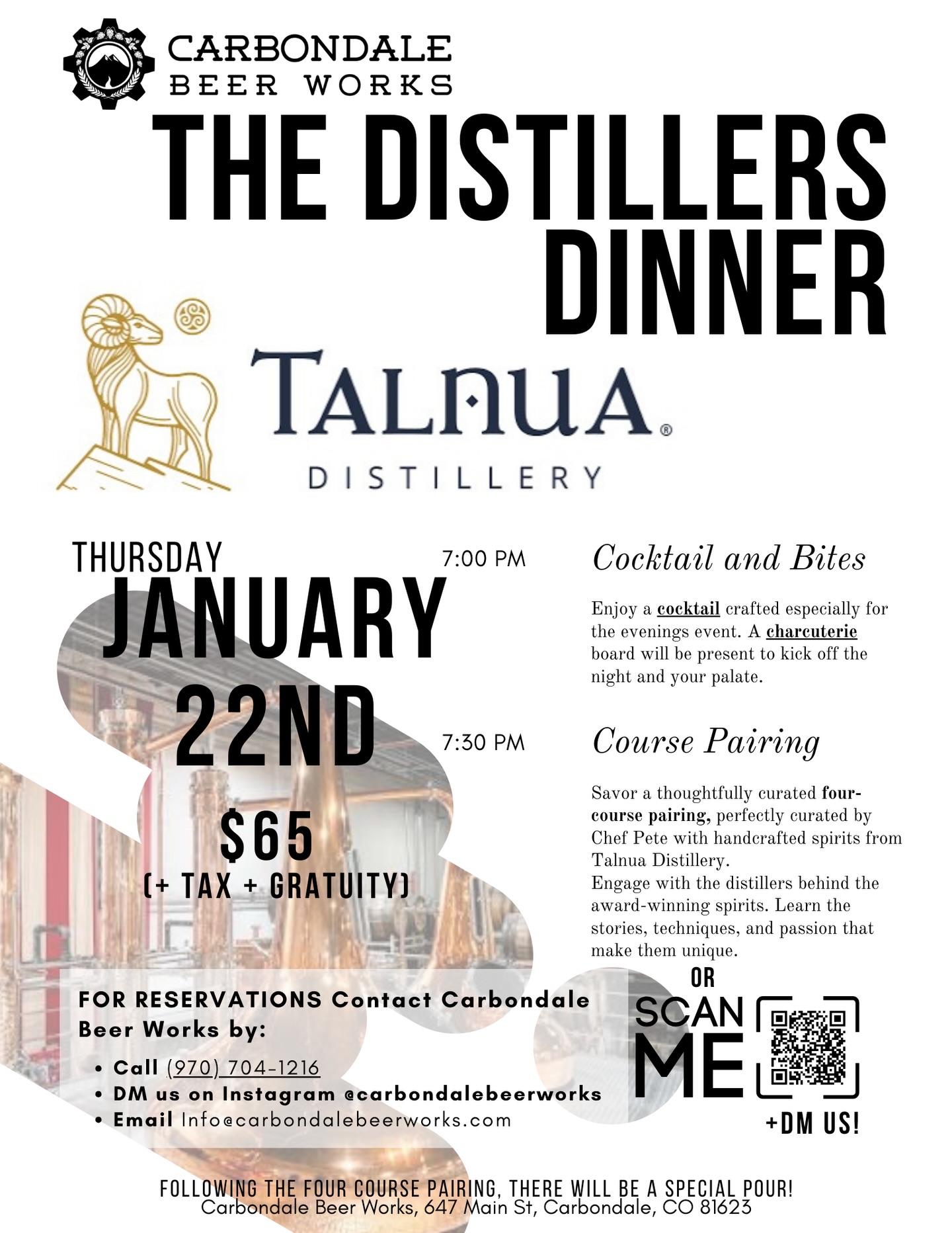 Come join us at Carbondale Beer Works on January 22nd for our Distillers Dinner with Talnua!
Spaces are limited, so make your reservations ASAP via DM, phone call, or stop in at Carbondale Beer Works to secure your spot.
#carbondalebeerworks #talnuawhiskey #coloradowhiskey #whiskeypairing #carbondaleco
