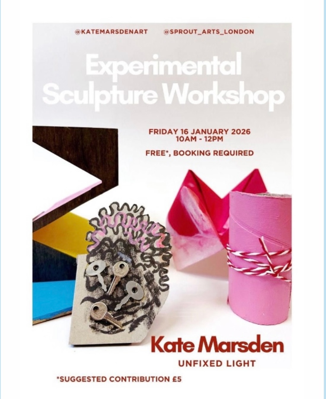 Join artist Kate Marsden for a free workshop creating expressive sculptures from discarded and everyday objects. Kate will take you through a selection of her sculptural objects which she creates as jumping off points and inspiration for her other work. There will then be an opportunity to make one or several small sculptures to take away with you. Materials will be provided however if you have anything at home that you’d like to work with, please bring it with you for example you might want to experiment with fabrics bottle tops, old keys, string photographs, piece pieces of wood toys et cetera.
The workshop is free but booking is essential. If you would like to make a suggested donation of £5 on the day, this will go to Sprout. Link in bio to book x