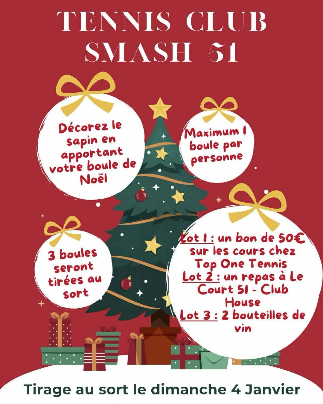 🚨Résultats de notre jeu de Noël 🚨
🎅Samuel Zebidi remporte un bon de 50€ à valoir sur les cours/stages Top One Tennis
🎅Nathalie Ferriere remporte un bon pour 2 délicieux boulets Au Court 51 - Bar Brasserie
🎅Eden Piette remporte 2 bouteilles de vin
Merci à tous pour votre participation et excellente année au Smash 51