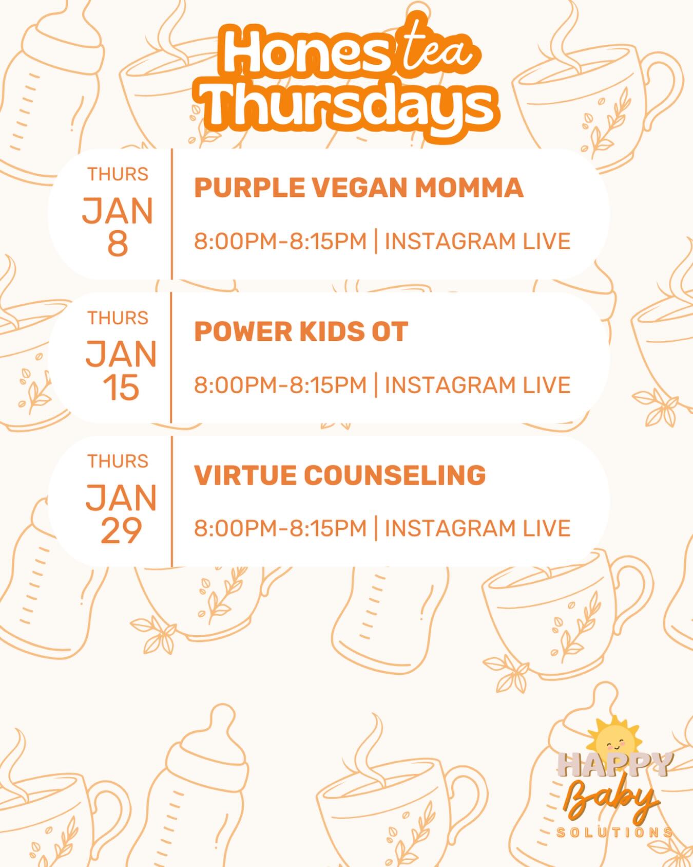 Check out this month’s schedule!
Can’t wait to start season 2 of HonesTEA Thursdays with these ladies🤍
@purpleveganmomma @powerkidsot @virtuecounseling