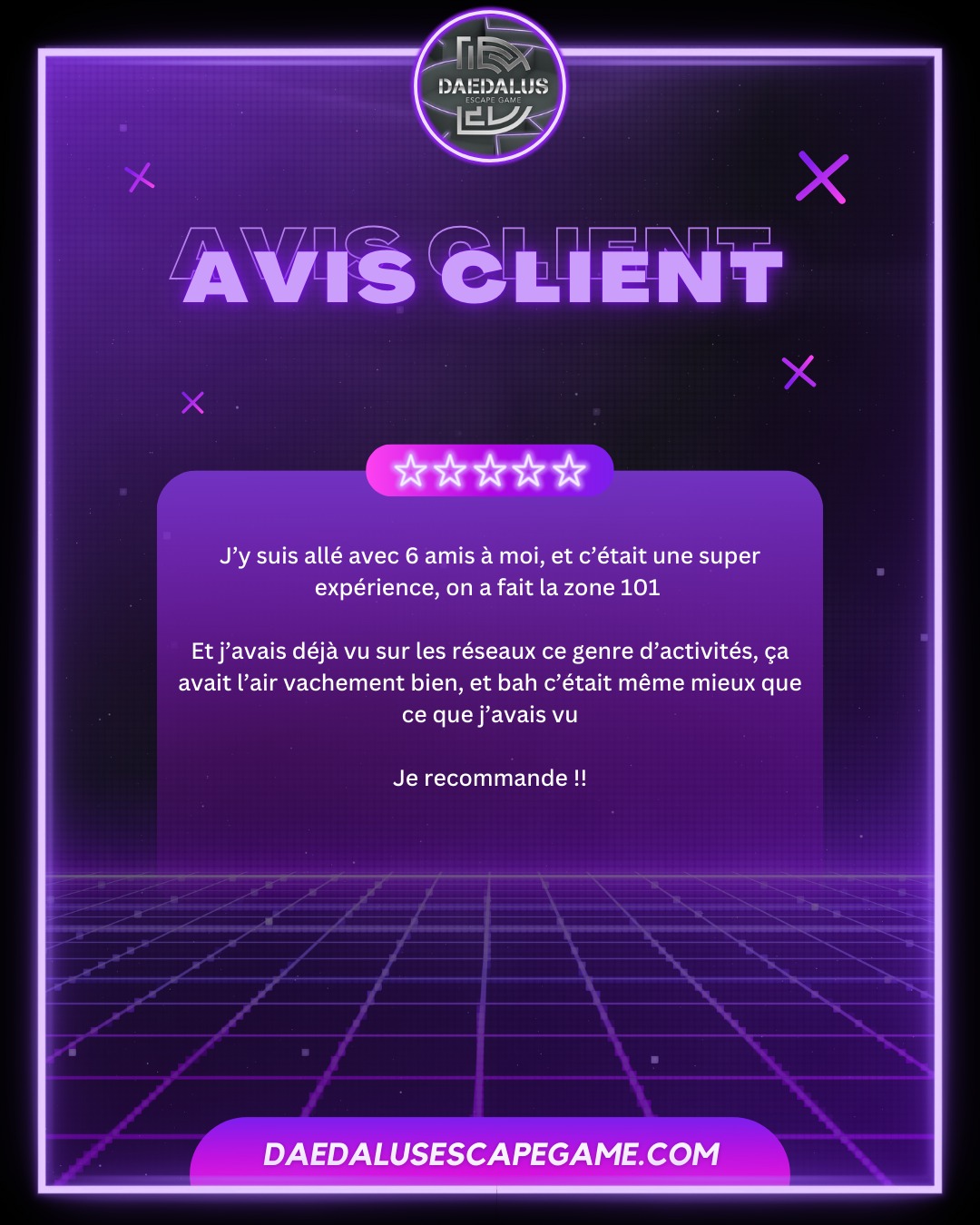 💬 𝗔𝗩𝗜𝗦 𝗖𝗟𝗜𝗘𝗡𝗧 💬
Vous savez ce qui nous passionne autant que nos énigmes ?
✨ 𝓥𝓸𝓼 𝓪𝓿𝓲𝓼 ✨
L'équipe Daedalus vous remercie grandement pour votre soutien ! 💜
__________________
🌐 https://f.mtr.cool/wjyweumgxg
📱 0633447032
☎️ 0984483171
#escape #escapegame #escaperoom #parcours #loisirs #jeu #jeux #blois #loiretcher #famille #amis #ami #barajeux #loire #jeudesociete #valdeloire #chateaudelaloire #loireavelo #bloismaville #valducher #sologne #vendome #sortiren41 #bloischambord #bloiscity #maisondelamagie #visiteblois #bloistourisme #avis