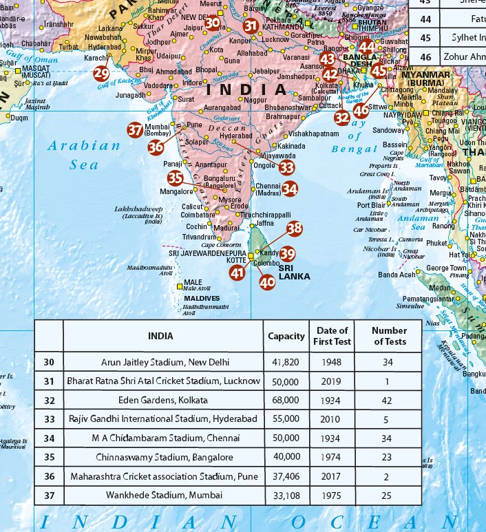 #MapMonday On this day in 2016, 15 year old Pranav Dhanawade, a Mumbai schoolboy, became the first batsman to ever score 1000 runs in a single innings in cricket, finishing 1009 not out. This map from https://www.cosmographics.co.uk/product/world-cricket-stadium-map/ shows major cricket stadiums around the world with information on each of the grounds