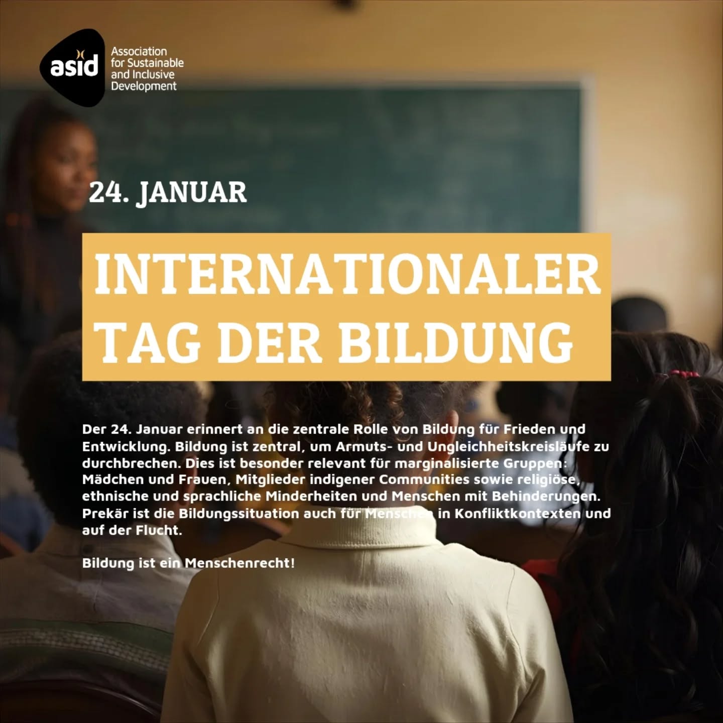 Bildung ist ein Menschenrecht! ✊🏿📚📝
Zum Tag der Bildung legen wir unsere Aufmerksamkeit auf die zentrale Rolle die Bildung für eine gerechtere Zukunft, besonders für marginalisierte und diskriminierte Gruppen weltweit, inne hat.
_____
Teile des Bildes wurden mithilfe von KI erstellt.