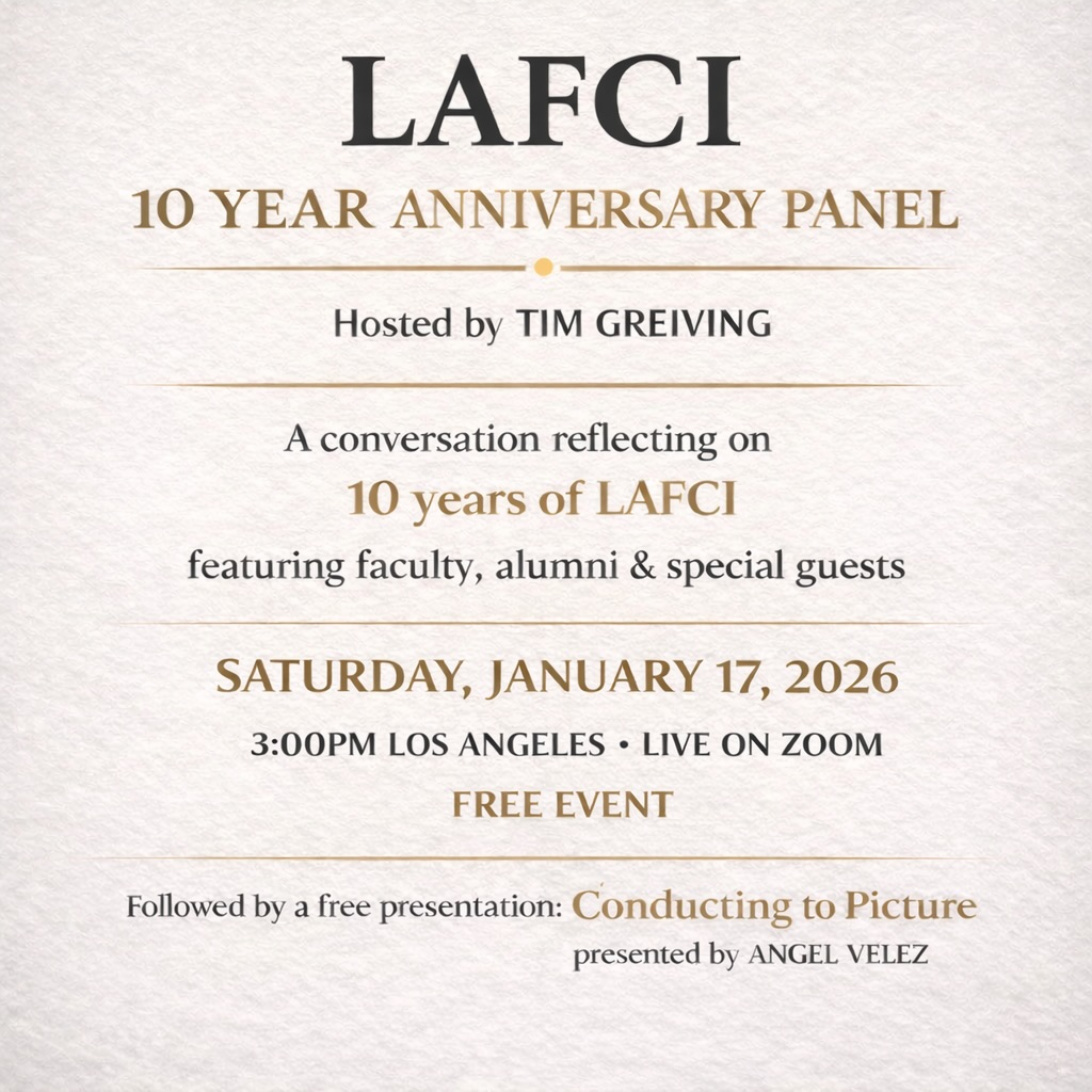LAFCI turns 10 years old! Come join us for a free Zoom event on January 17 at 3pm (LA) to reflect on the last decade and talk about what’s ahead. I’m especially delighted that the conversation will be moderated by the wonderful @tgreiving , who was there with us at our very first workshop recording session on January 17, 2016 at the Eastwood Stage.
I’m thrilled to be joining Tim, Bill Ross, Conrad Pope, Dave Newman, and some special guests as we celebrate 10 years of LAFCI. Following the panel, I’ll also be doing a free Conducting to Picture session, one of the topics I’m asked about most, and a fun way to share the spirit of LAFCI with anyone who’s curious.
If you’re feeling nostalgic, interested, or just want to listen in, it would be wonderful to share the moment with you.
#happybirthdaylafci
#lafci