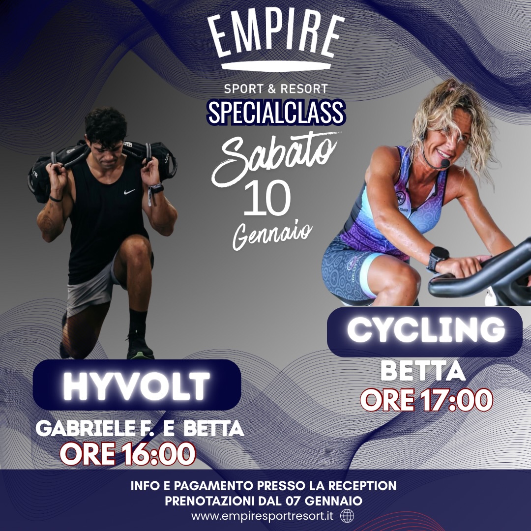 ⚠️⚠️⚠️⚠️SPECIALCLASS⚠️⚠️⚠️⚠️
📅 Sabato 10 Gennaio
⚡ HYVOLT con Gabriele F. e Betta – 🕓 ore 16:00
🚴 CYCLING con Betta – 🕔 ore 17:00
📍 Empire Sport & Resort
📌 Prenotazioni attive dal 07 gennaio
ℹ️ Info e pagamento presso la reception
👉 Posti limitati. Non perdere l’occasione di provare qualcosa di completamente nuovo.
#EmpireSportResort #Hyvolt #Novità #SpecialClass #AllenamentoInnovativo FitnessExperience Cycling 🚀