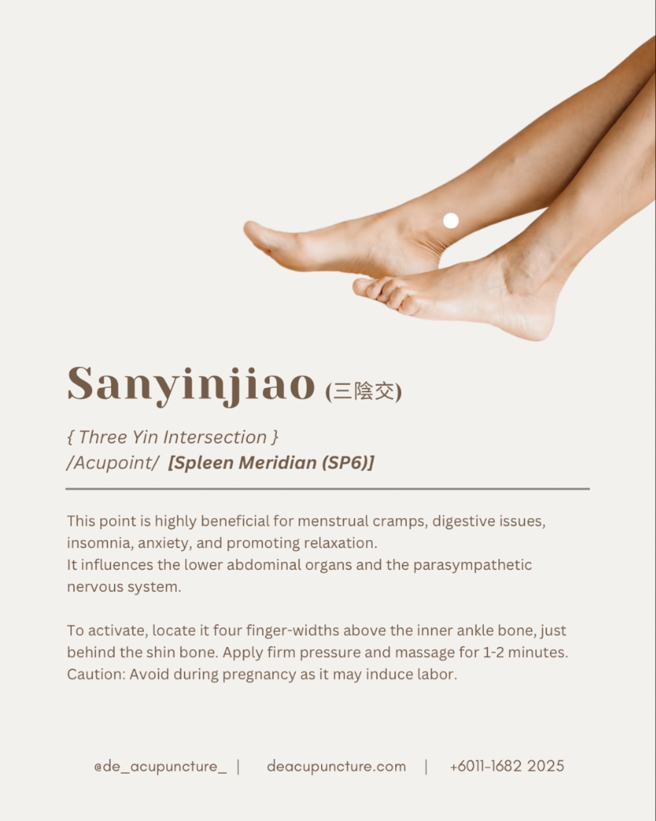 One Spot, Triple Power! 🔋
Wanna know a secret TCM super-point? It’s called Sanyinjiao (SP6), and it’s located right on your inner ankle/calf! 🦵
This spot is power lah, because it’s where the Spleen, Liver, and Kidney channels all meet up. 🤝 That means one small press can impact so much!
It’s famous for:
🌟 Women’s health
(PMS, period pain 😭, irregular cycles).
🌟 Better sleep 😴.
🌟 Happier digestion! 😋
Try pressing it next time you feel blah, but remember to AVOID during pregnancy! 😉
⚠️While it’s amazing, TCM treatments aren’t one-size-fits-all.
Only a practitioner knows the right way to stimulate SP6 for your specific condition (e.g., insomnia vs. bloating). Using the wrong technique can actually make things worse! 😱
Have you ever tried massaging this spot but didn’t feel any difference? Tell us in the comments! 👇
That’s why you need a customised formula. Don’t self-medicate! Consult our qualified TCM practitioners at 医心医意中医坊 De Acupuncture x Herbs Centre first. We’ll find the real root cause of your pain and tailor a treatment just for you.
Ready to unlock your body’s power points?
Click the link in our bio to book your consultation today! 💖
#Sanyinjiao #SP6 #Acupressure #TCM #AcupuncturePoint #WomensHealth #PeriodCramps #InsomniaRelief #Digestion #SubangJaya #USJ #ChineseMedicine #SelfCare #TCMTips #EnergyBoost