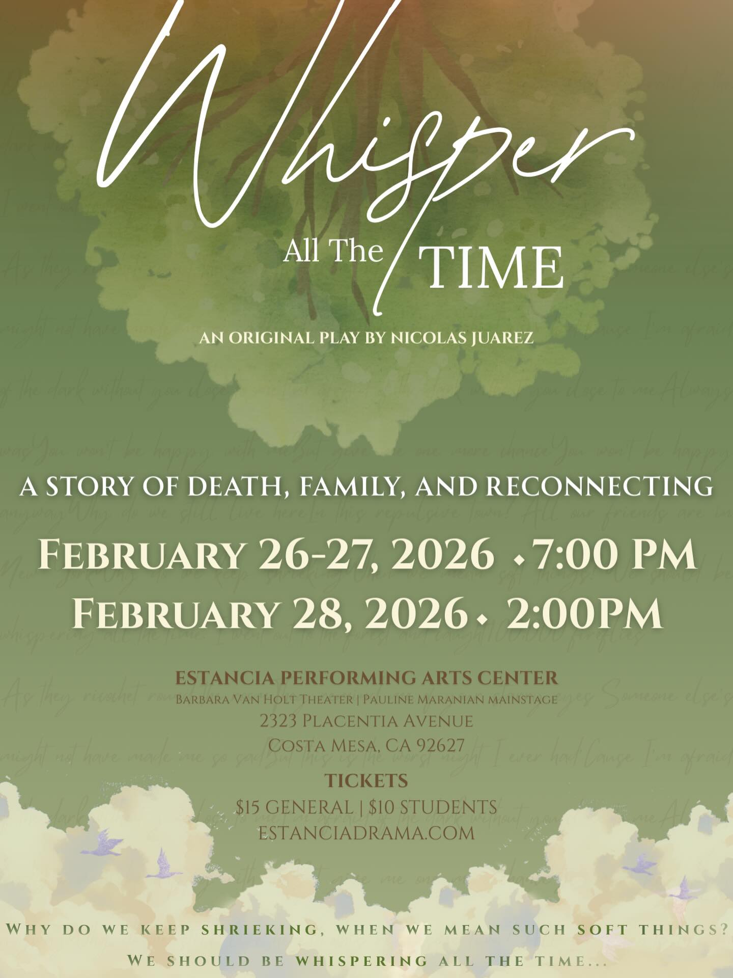 Our MainStage Play is next month! Get your tickets now for Whisper All The Time!