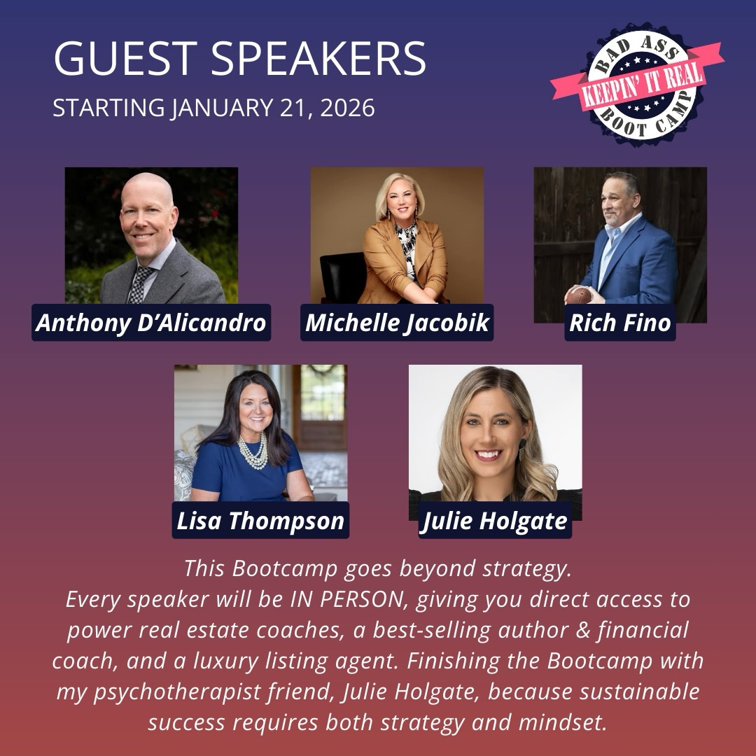 🔥 What if the room you chose this year determined how far your business grows? This is my 3rd year hosting Badass Bootcamps for the Real Estate Community and I can confidently say, this one will deliver more than any we’ve done before.
Every speaker will be here in person, LIVE!
Real conversations. Real access. Real coaching.
You’ll learn directly from power real estate coaches, a best-selling author & financial coach, a luxury listing agent, and we finish with my psychotherapist friend, Julie Holgate with Holgate Family Counseling, because building a successful business requires both strategy and mindset.
This Bootcamp is intimate by design, hosted in Leesburg and built for agents who are serious about elevating their business in the year ahead.
🚨 Limited seats. No replays. No virtual option.
If you’ve been waiting for the right room, this is it.
👉 Comment “BOOTCAMP” or grab your seat via the link in bio.
Spots are limited. When they’re gone, they’re gone.