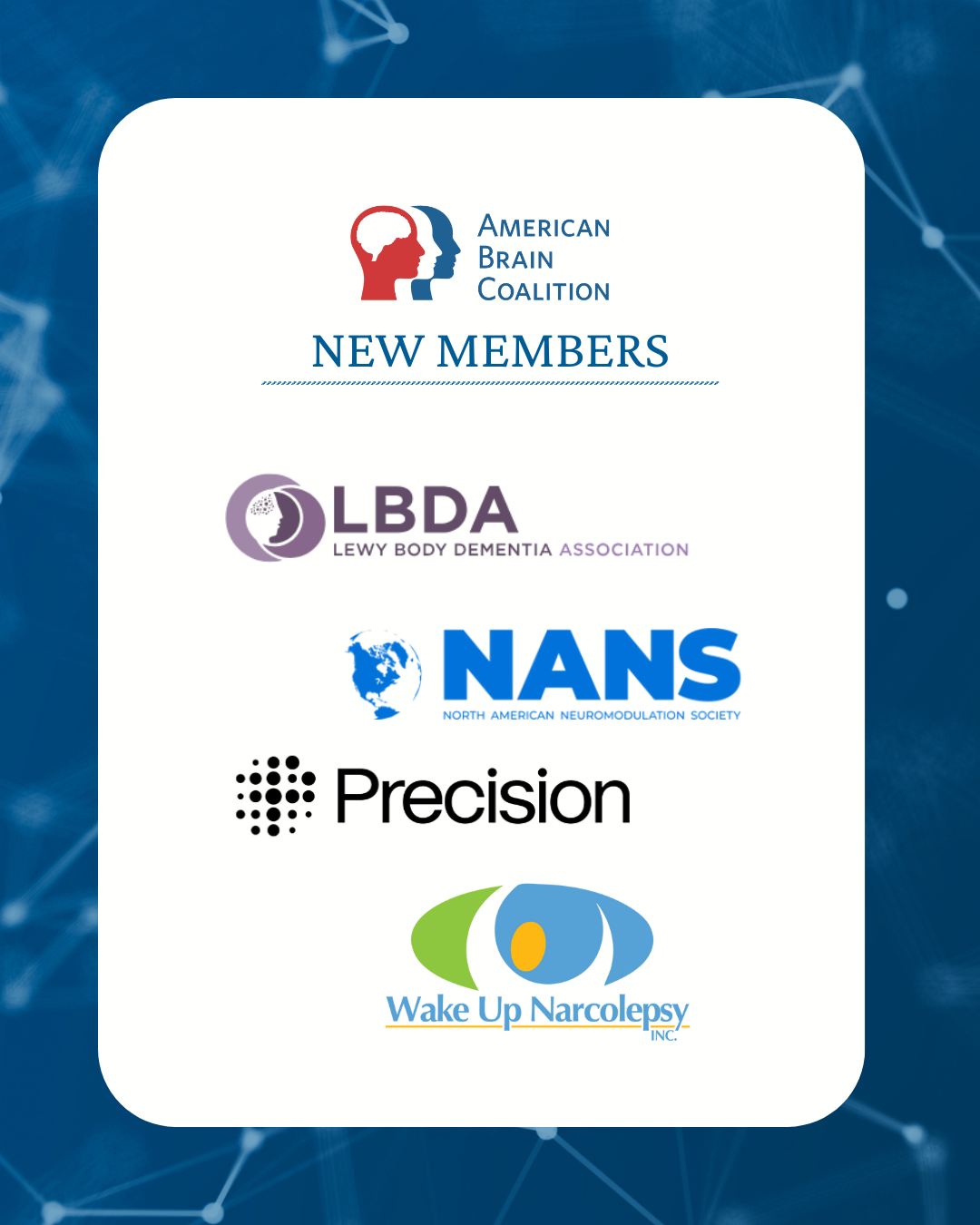 We are excited to welcome @lewybodydementiaassociation , @nansociety, Precision, and @wakeupnarcolepsy as our newest members of the American Brain Coalition! Their energy and knowledge will help our shared mission. Comment below to share your support or welcome our new partners. Don’t forget to follow and tag a friend who should know about our growing community! Together, we can make a difference. #AmericanBrainProud