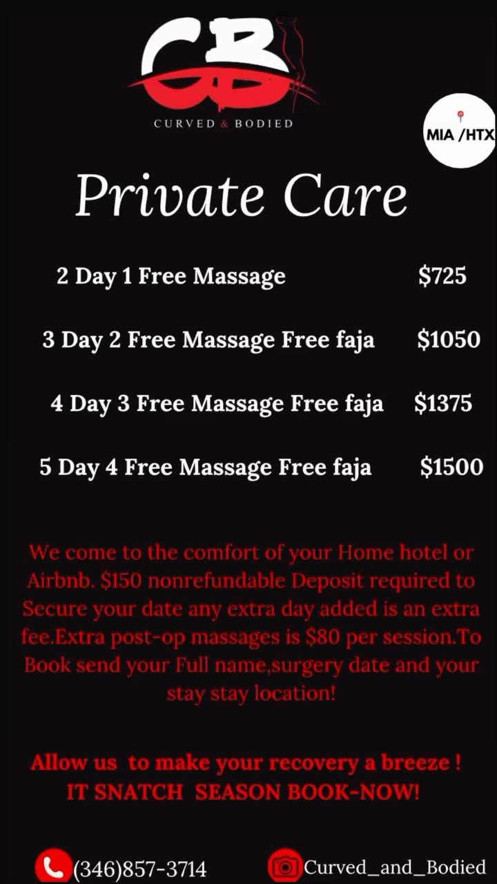 SNATCH SEASON APPROACHING!
You paid for the body?? don’t skip the recovery 💎
Luxury post-op care for a smooth, confident healing journey. Post-op care is not optional it’s Essential!
JUST HAD SURGERY?
POST-OP CARE AVAILABLE ✨WE SERVICE MIA/HTX
DM OR TEXT 📲(346)857-3714 TO BOOK!
#postopcare #viralreels #explorepage✨ #lymphaticmassage #trendingsound