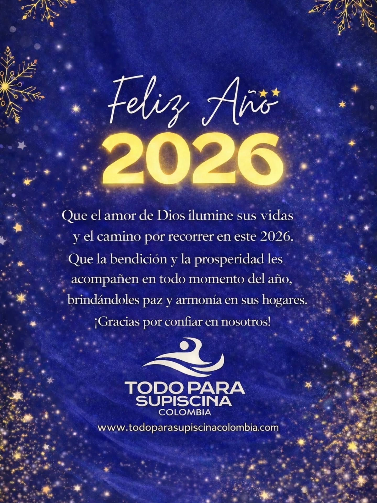 En TODO PARA SU PISCINA COLOMBIA 🇨🇴 agradecemos de corazón la confianza que nos brindaron durante este año.
Feliz Año 2026💙
Que este nuevo año llegue lleno de bendiciones, salud, amor, prosperidad y nuevos proyectos.
Seguiremos acompañándolos con compromiso, calidad y el mejor servicio para sus piscinas.
🙏 ¡Gracias por ser parte de nuestra historia!
🌐 www.todoparasupiscinacolombia.com