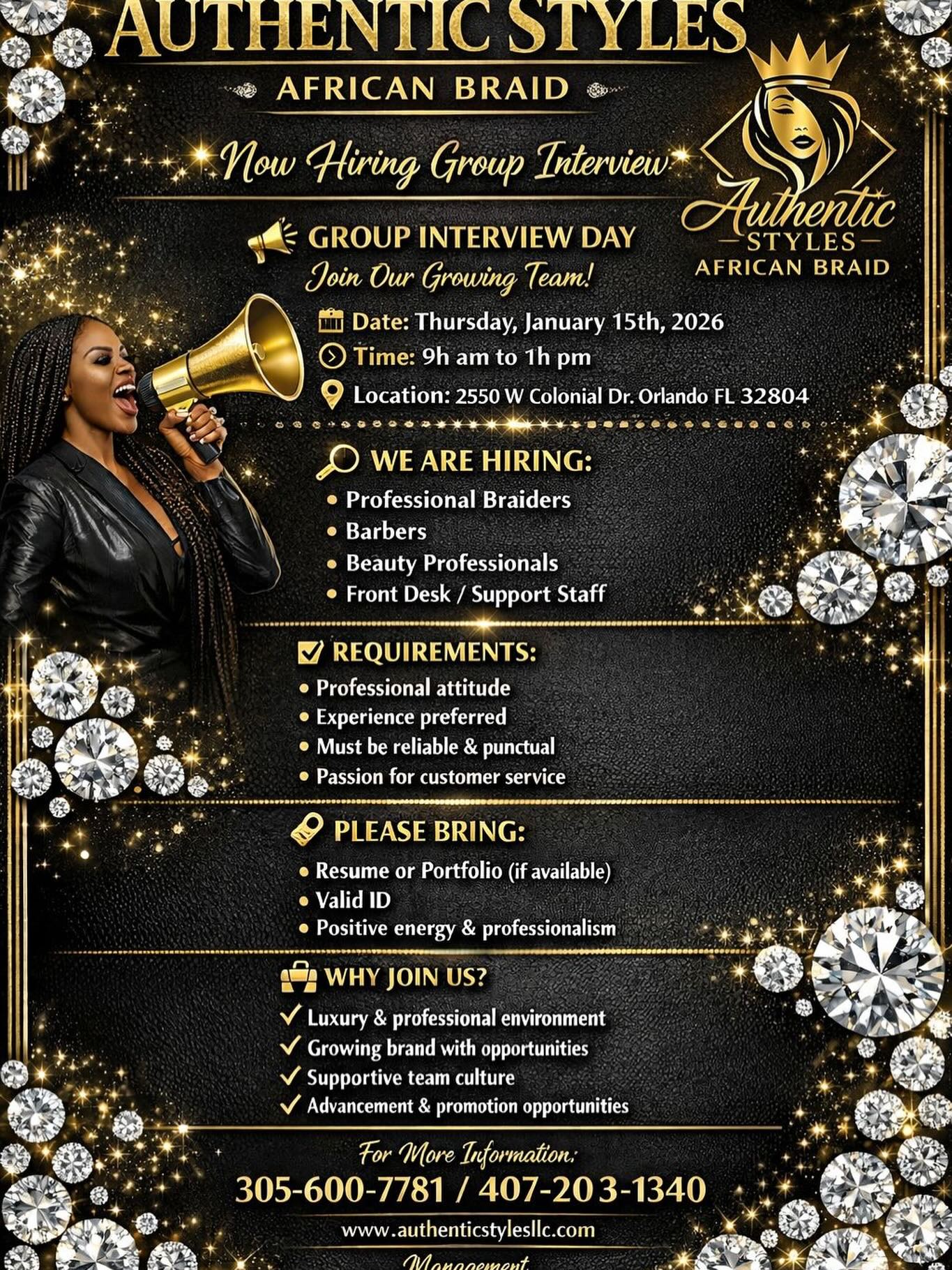 Now Hiring Braiders & Braider Assistants!
Join our team! We’re hosting a group interview on January 15, 2026.
Come show your skills and be part of a growing, supportive environment.