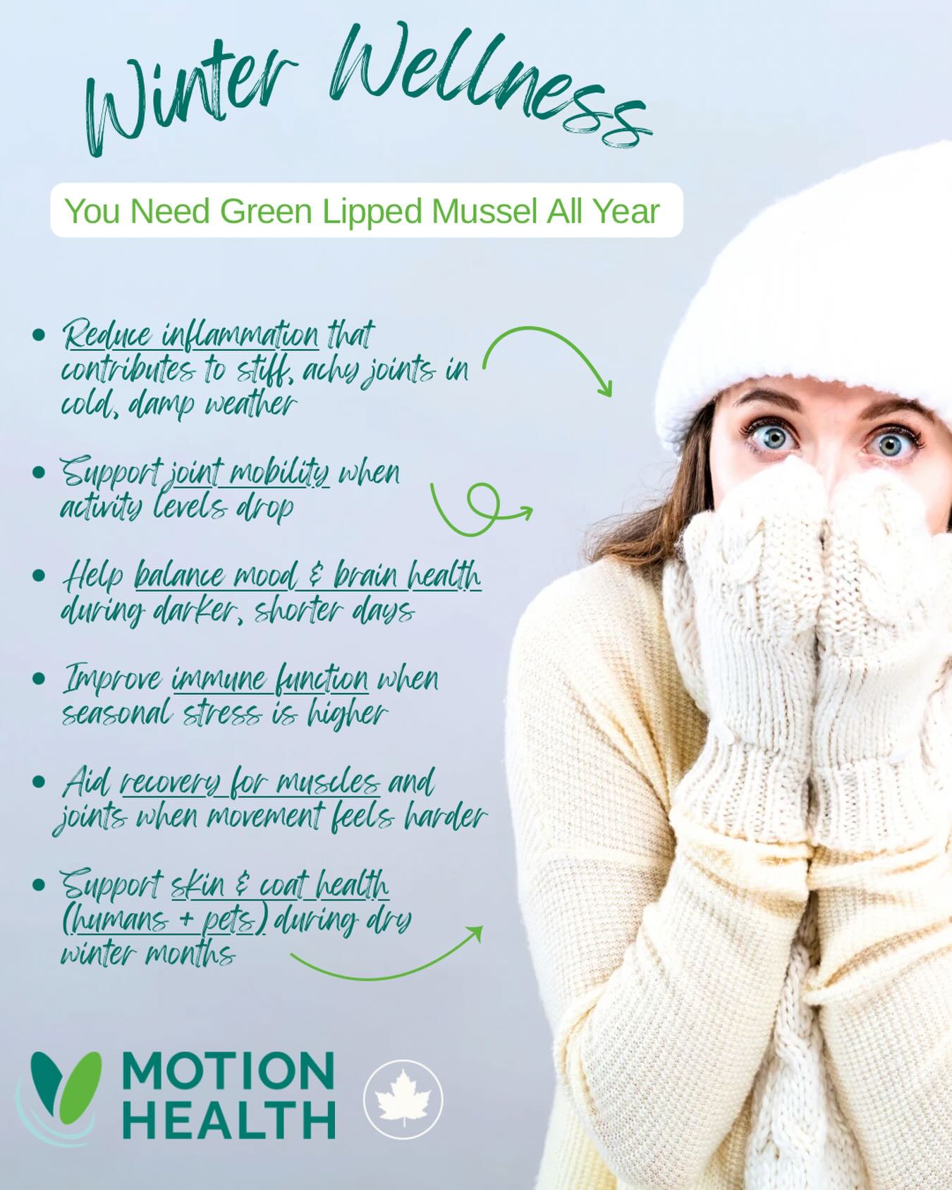 January can be tough on the body and mind.
Less daylight, colder weather, and more time indoors can mean stiffer joints, lower mood, reduced immunity, and less motivation to move.
Omega-3s support winter wellness by:
⢠Reducing inflammation that contributes to joint stiffness and aches
⢠Supporting brain health and balanced mood during darker months
⢠Helping maintain immune resilience when seasonal stress is higher
A simple daily Omega-3 can help keep you (and your pets) moving, comfortable, and supported through winter and beyond. āļø
#motionhealth #greenlippedmussel #winterwellness #omega3 #preventrepairrestore