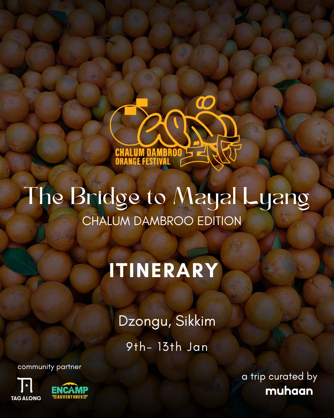 The Itinerary.
This journey unfolds gently — day by day, story by story.
From warm village welcomes and ancient trails to harvest celebrations, music under the stars, and moments of quiet reverence, The Bridge to Mayal Lyang is an invitation to slow down and truly be present.
Swipe through the itinerary and walk with us into Dzongu.
9th – 13th Jan
Register via link in bio