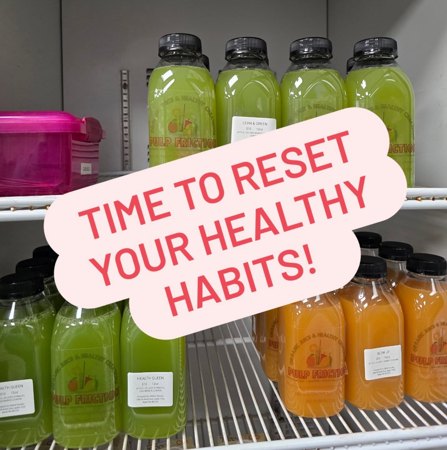Time to reset your healthy habits with fresh organic juice! Take one flavor or all three, we have a fridge full of fresh nutrients to help you!
Juice reset 👉 buy 2, get $2 off... buy 3, get $5 off!
#rebelfitstudio #avonindiana #hendrickscountyindiana #pulpfrictionavon #plainfieldindiana brownsburgindiana