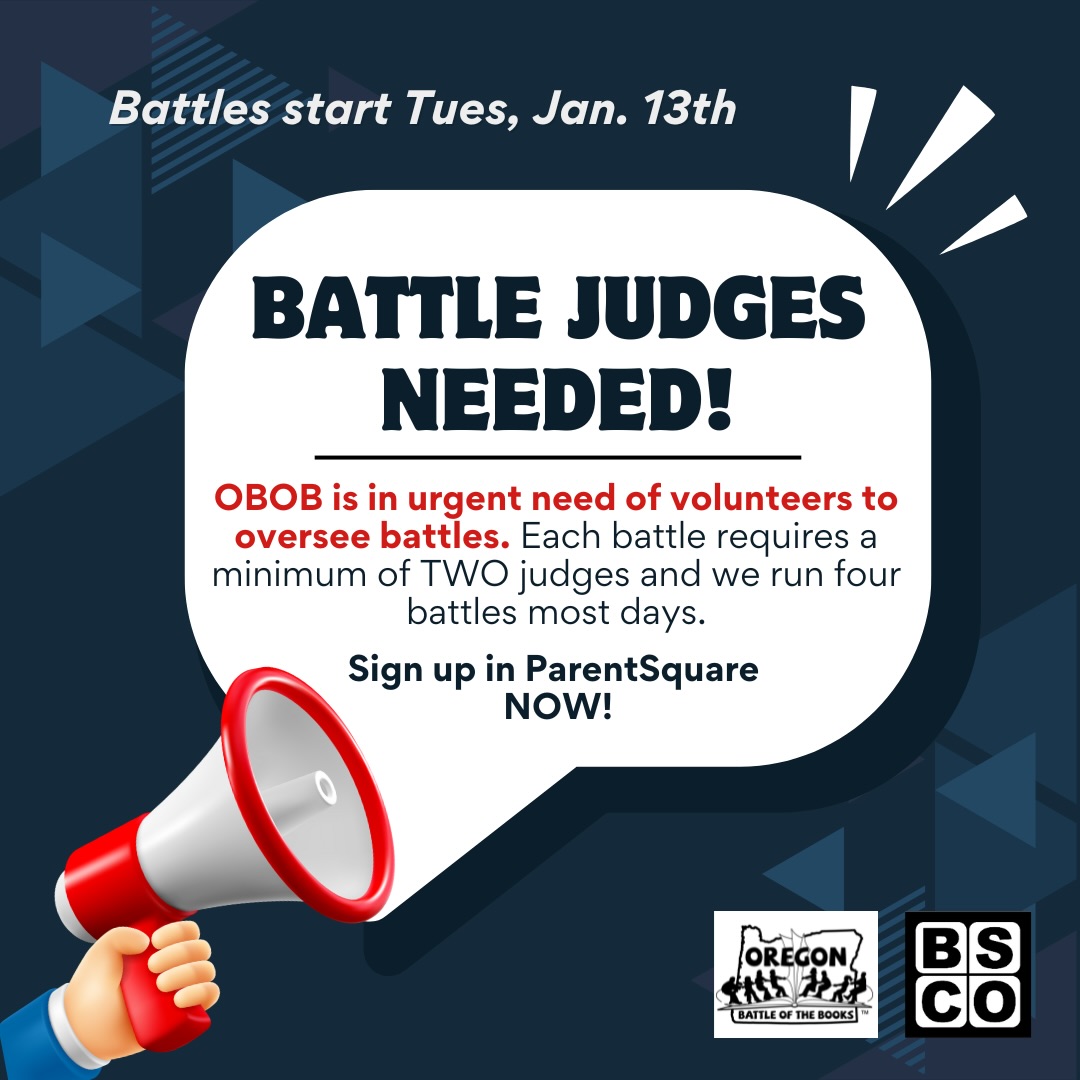 OBOB battles start next week! 📚🗣️ And we need volunteers to make them happen! You can sign up now in ParentSquare! (And if you didn’t go thru the Score Keeper training, that’s okay - just select “Question Reader and Time Keeper” for your shift.)