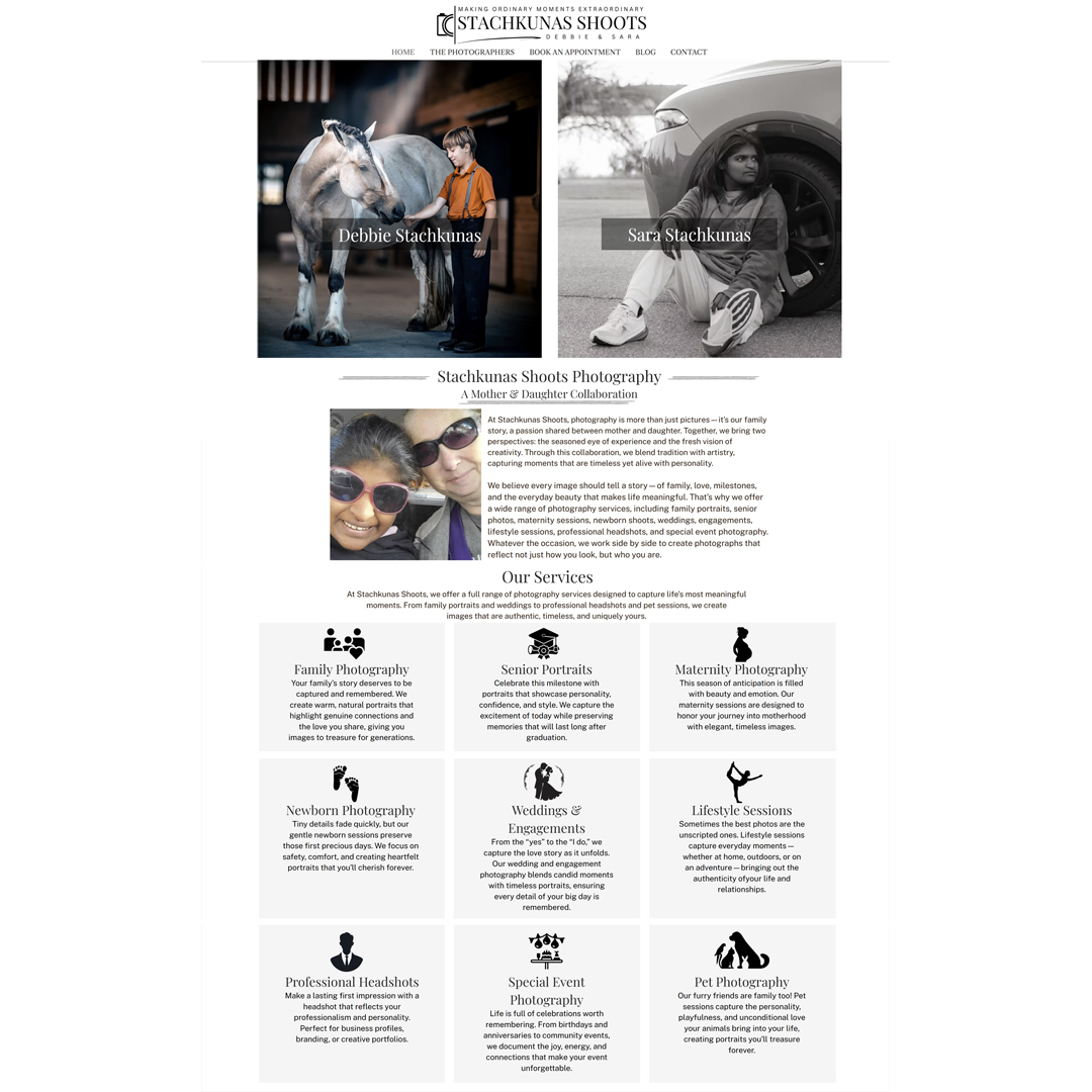 I am thrilled to introduce the newly launched website for Stachkunas Shoots—a gifted mother-daughter photography team with a shared passion for capturing authentic, heartfelt moments.
From quiet newborn details to joyful family connections, senior portraits, weddings, and everyday lifestyle sessions, Stachkunas Shoots brings warmth, patience, and a genuine eye for storytelling to every shoot. Their work isn’t just about photos—it’s about preserving memories, relationships, and milestones that matter most.
Based in Colonial Beach, Virginia, they serve families and individuals looking for photography that feels natural, relaxed, and timeless—images you’ll cherish for years to come.
We designed their new website to reflect who they are as photographers: approachable, detail-driven, and deeply connected to their clients.
Explore their work: https://www.stachkunasshoots.com/
It was truly an honor to showcase their story and talent online. If you’re a photographer or creative professional ready for a website that reflects your vision, let’s create something meaningful together.
#StachkunasShoots #PetiteTaway #northernneckvirginia