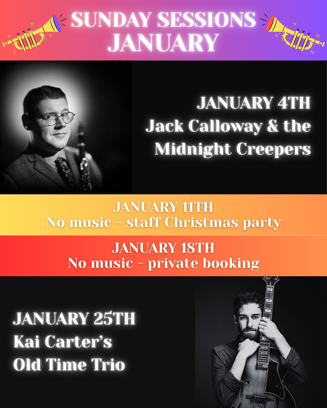 Please take note of our Sunday Sessions calendar for this month as we've got a couple of weeks off! 📆
Starting 2026 with a bang we've got Jack Calloway and his Midnight Creepers back to shake off the January blues!
Then after a couple of quiet weeks (please pray for our hangovers on the 12th 🙏) we're back at the end of the month with Kai Carter.
Regular weekly music continues from Feb onwards. We'll see you tonight for all the raucous Creeper action!
Our Sunday Sessions are always free to attend - we do pass the hat for audience donations which go directly to the musicians, so we ask that you give generously where you can to show your support for these excellent acts. Music starts promptly at 7pm 🎶