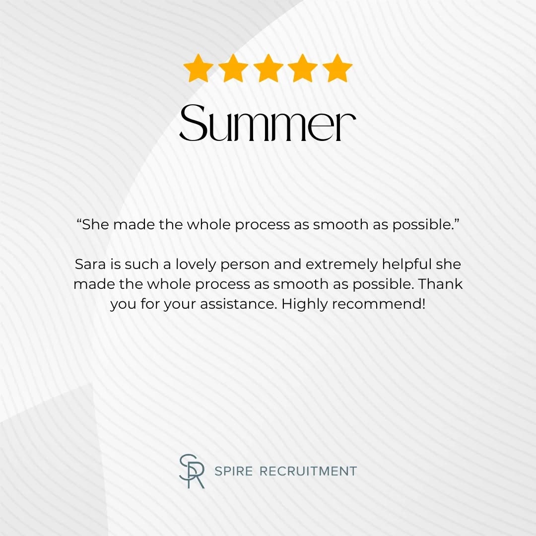 Check out our 5-star Google reviews!
⭐ "She made the whole process as smooth as possible." - Summer
📍 Melbourne
🌐 www.spirerecruitment.com.au
📧 hello@spirerecruitment.com.au
#5starreviews #googlereviews #reviews #realestate #realestaterecruitment recruitment jobsinmelbourne spirerecruitment