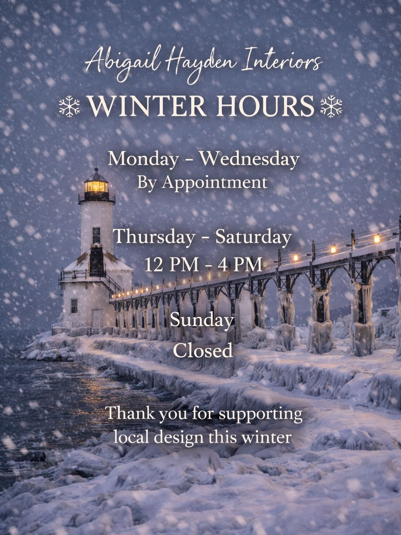 ❄️ WINTER HOURS ❄️
As winter settles into Michigan City, our studio is moving at a slightly slower, cozier pace.
Shorter days, softer light, and time well spent refining thoughtful interiors.
Please note our seasonal winter hours and feel free to reach out to schedule appointments accordingly.
Thank you for supporting local design this winter 🤍
#WinterInMichiganCity #WinterHours #AbigailHaydenInteriorDesign
#MichiganCityIN #MidwestDesign ShopLocal InteriorDesignStudio