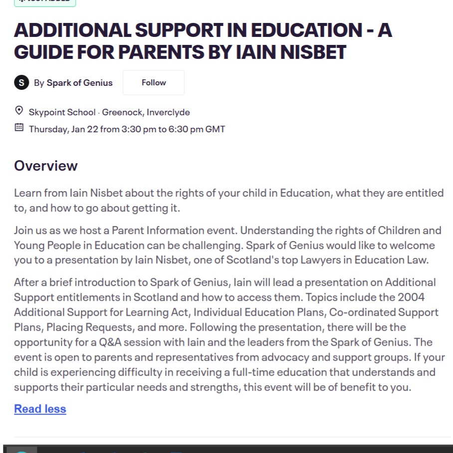 LINK TO TICKETS IN COMMENTS:
Open event for parents and carers on Thursday 22nd January. Come and learn about the rights of your children to education and find out more from Iain Nisbet, one of Scotland's top lawyers in Education Law.