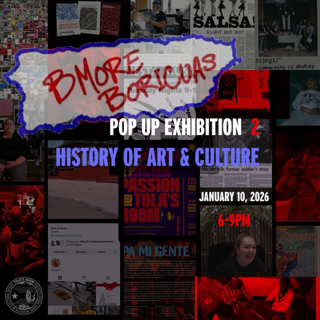 Just 2 days away! 🌺 @tolas_room is looking forward to celebrating with all of you, this Saturday, January 10, from 6-9PM.
✨ BmoreBoricuas Pop-Up Exhibition 2: History of Art & Culture ✨
An intimate house party + pop-up exhibition honoring the history of Baltimore’s Puerto Rican art & culture 🇵🇷
Timed to close out the Puerto Rican holiday season around Día de los Reyes 👑, this night celebrates the enduring contributions of Boricuas to Baltimore’s creative and cultural landscape.
There will be…
🎙️Live performances
🎞️ Art + film installations
🗂️Interactive memory-archiving activities
🥥Pasteles & Coquito
#BmoreBoricuas
#PuertoRicanCultureBaltimore
#TolasRoom