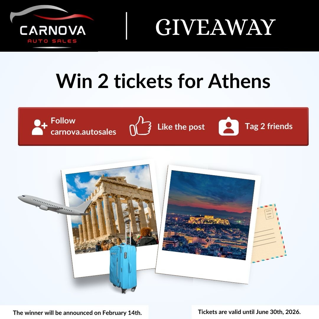 🎉 ΔΙΑΓΩΝΙΣΜΟΣ | GIVEAWAY 🎉
✈️ Κέρδισε 2 αεροπορικά εισιτήρια για Αθήνα!
Η Carnova Auto Sales σου χαρίζει την επόμενή σου απόδραση ✨
👉 Για να συμμετάσχεις:
1️⃣ Follow τη σελίδα @carnova.autosales
2️⃣ Like σε αυτό το post ❤️
3️⃣ Tag 2 φίλους στα σχόλια (όσα σχόλια θέλετε, κάθε σχόλιο ισοδυναμεί με 1 συμμετοχή)👇
📌 Όροι & Προϋποθέσεις
• Το έπαθλο περιλαμβάνει 2 αεροπορικά εισιτήρια μετ’ επιστροφής για Αθήνα, για 2 άτομα, συμπεριλαμβανομένης μιας χειραποσκευής έως 8 κιλά ανά άτομο.
• Τα εισιτήρια μπορούν να εξαργυρωθούν έως 30 Ιουνίου 2026, κατόπιν διαθεσιμότητας.
• Ο διαγωνισμός ισχύει για κατοίκους Κύπρου άνω των 18 ετών.
• Η συμμετοχή είναι έγκυρη μόνο εφόσον έχουν τηρηθεί όλοι οι ανωτέρω όροι.
• Ο διαγωνισμός λήγει στις 13/02/2026.
• Ο νικητής θα ανακοινωθεί στις 14/02/2026.
• Ο νικητής θα ενημερωθεί από την Carnova Auto Sales. Αν δεν ανταποκριθεί εντός 48 ωρών, η κλήρωση θα επαναληφθεί.
• Το έπαθλο δεν ανταλλάσσεται με χρήματα και δεν μεταβιβάζεται.
• Η Carnova Auto Sales διατηρεί το δικαίωμα τροποποίησης ή ακύρωσης του διαγωνισμού για σοβαρό λόγο.
• Ο διαγωνισμός δεν χορηγείται, δεν υποστηρίζεται και δεν σχετίζεται με Instagram ή Facebook.
🎉 GIVEAWAY 🎉
✈️ Win 2 flight tickets to Athens!
👉 To enter:
1️⃣ Follow @carnova.autosales
2️⃣ Like this post ❤️
3️⃣ Tag 2 friends in the comments (as many comments as you like, each comment counts as one entry) 👇
📌 Terms & Conditions
• The prize includes 2 round-trip flight tickets to Athens for 2 people, including one carry-on bag up to 8kg per person.
• Tickets can be redeemed until June 30, 2026, subject to availability.
• The giveaway is open to Cyprus residents aged 18+.
• Participation is valid only if all of the above requirements are met.
• The giveaway ends on 13/02/2026.
• The winner will be announced on 14/02/2026.
• The winner will be contacted by Carnova Auto Sales. If they do not respond within 48 hours, a new draw will take place.
• The prize cannot be exchanged for cash and is non-transferable.
• Carnova Auto Sales reserves the right to modify or cancel the giveaway for valid reasons.
• This giveaway is not sponsored, endorsed, or associated with Instagram or Facebook.
#giveaway #travel