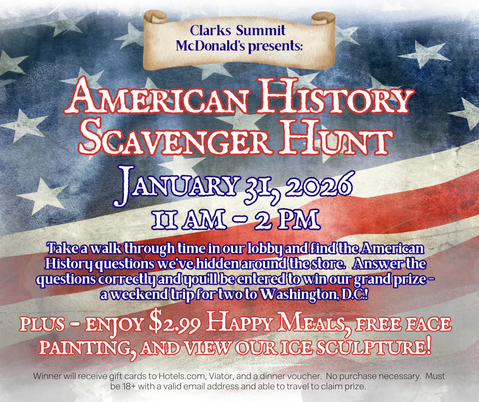 🇺🇸Join us during the Clarks Summit Ice Festival for an American History Scavenger Hunt! We've placed American History Trivia questions throughout the store. Answer them all for a chance to win a weekend trip to Washington, D.C.! 🇺🇸