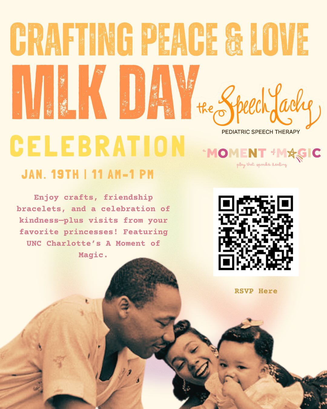 💛 A collaboration rooted in peace & love 💛
Join The Speech Lady and A Moment of Magic at UNC Charlotte this Martin Luther King Jr. Day for a fun afternoon of crafts and read-alongs centered on kindness, love, and unity ✨
When? Jan. 19 | 11 AM–1 PM
Where? The Speech Lady
RSVP via the link in our bio or by scanning the QR code.
Spots are limited, so be sure to register soon!
We can’t wait to celebrate with you!
#MLKDay #MLKDayOfService #CraftingPeaceAndLove
#PediatricSpeechTherapy #AMoMUNCC