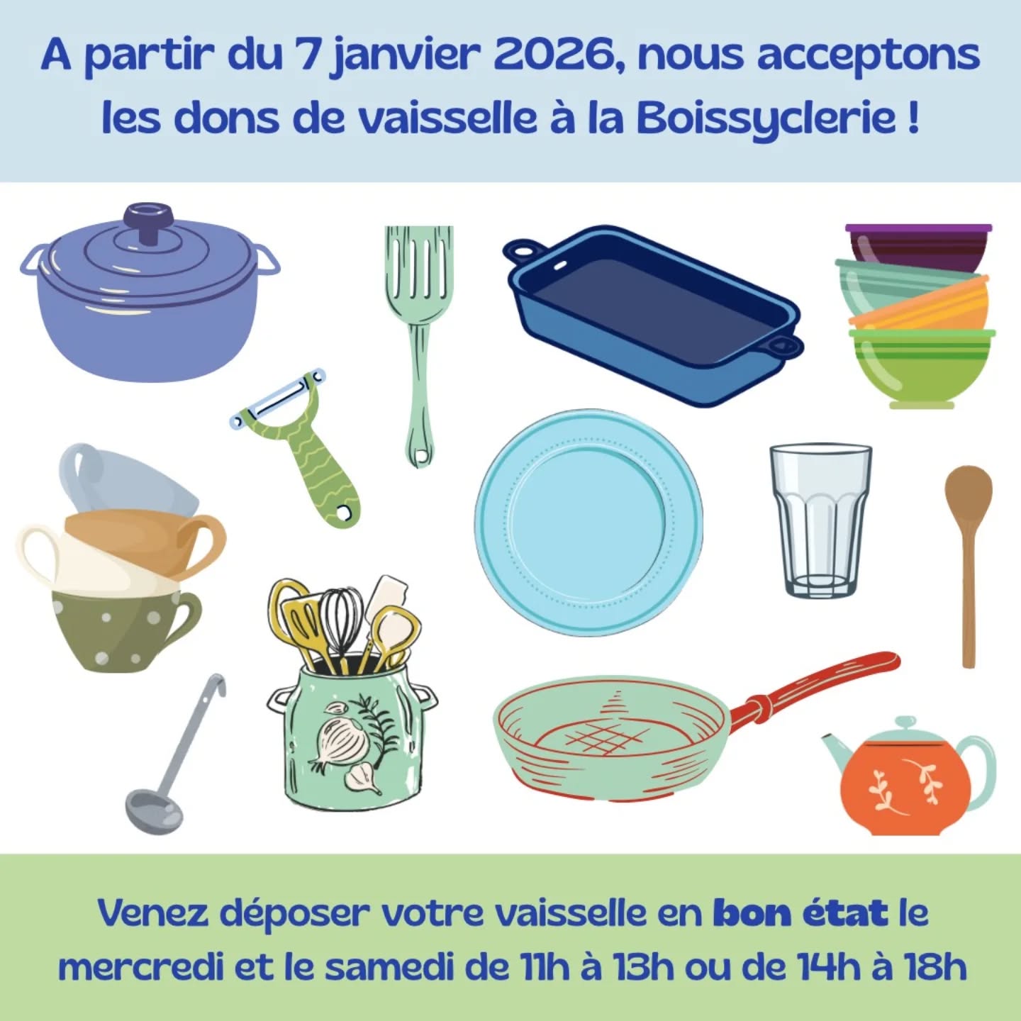 ✨ NOUVEAUTÉ 2026 ✨
La Boissyclerie a le plaisir de vous informer qu'à partir du 7 janvier nous prenons les dons de vaisselle en bon état uniquement !
Les dons se font aux horaires habituels des collectes : le mercredi et le samedi de 11h à 13h et de 14h à 18h 🎀
Nous avons hâte d'ouvrir cette nouvelle filière et de découvrir vos pépites !
ATTENTION 🚩
Nous ne prenons pas d'appareils électroménagers ni de vaisselle en mauvais état, abîmée, ébréchée.
Merci pour votre compréhension et à bientôt !!