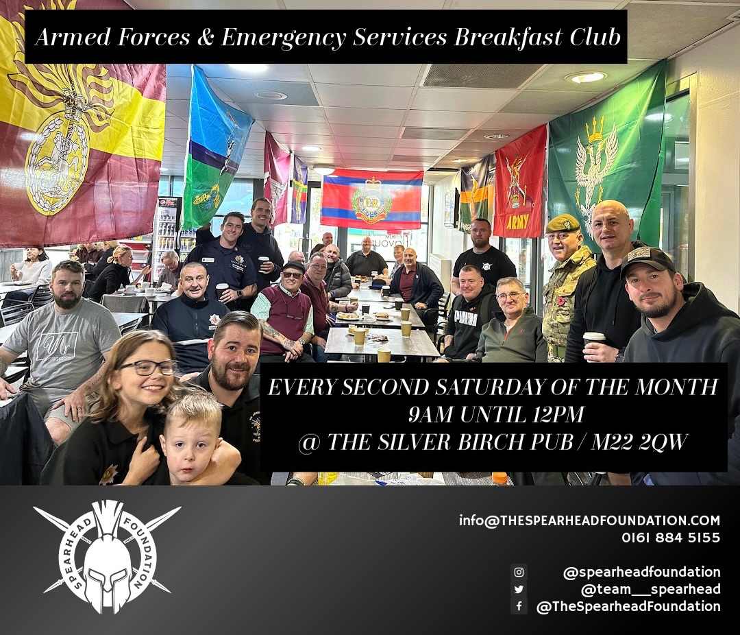 🍳 WYTHENSHAWE BREAKFAST CLUB 🍳
Back this Saturday 9am until 12pm
📍 Silver Birch Pub, Wythenshawe
Open to veterans, serving personnel, families and emergency workers.
NO BS - Just good chat and good food.
Info@thespearheadfoundation.com
(don’t worry about paying, breakfast barms and tea, coffee is free, donation recommended but no pressure)
See you all then 😊
