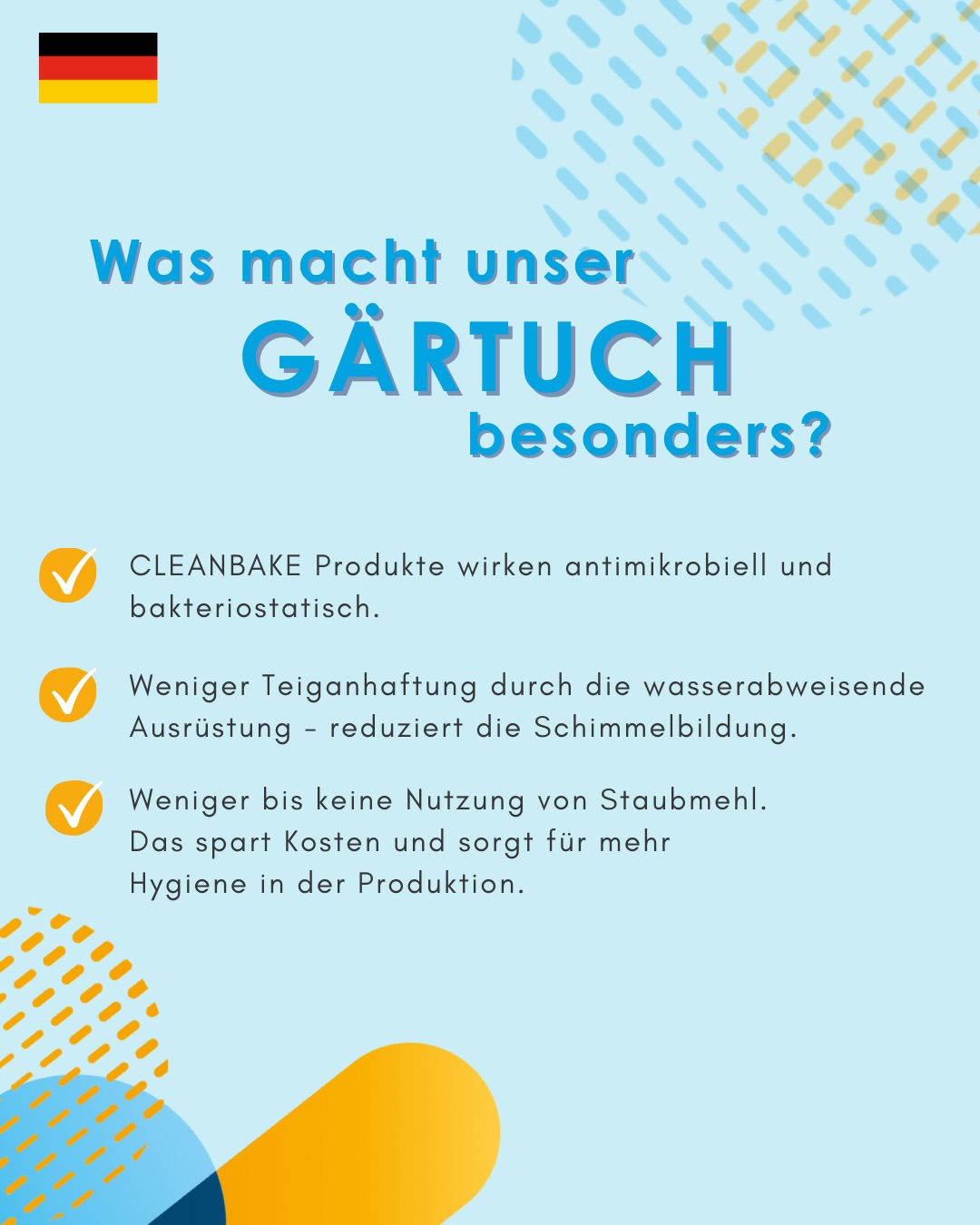 ✨ Unser Gärtuch macht den Unterschied: hygienisch, effizient und bestens für eine saubere Produktion geeignet. Weniger Anhaftungen, weniger Mehlen, mehr Qualität – CLEANBAKE setzt neue Standards im Gärprozess. 🥖💛
🇬🇧 ✨ Our proofing cloth stands out: hygienic, efficient, and designed for a cleaner production process. Less sticking, less flour dusting, more quality – CLEANBAKE sets new standards in the proofing prozess. 🥖💛