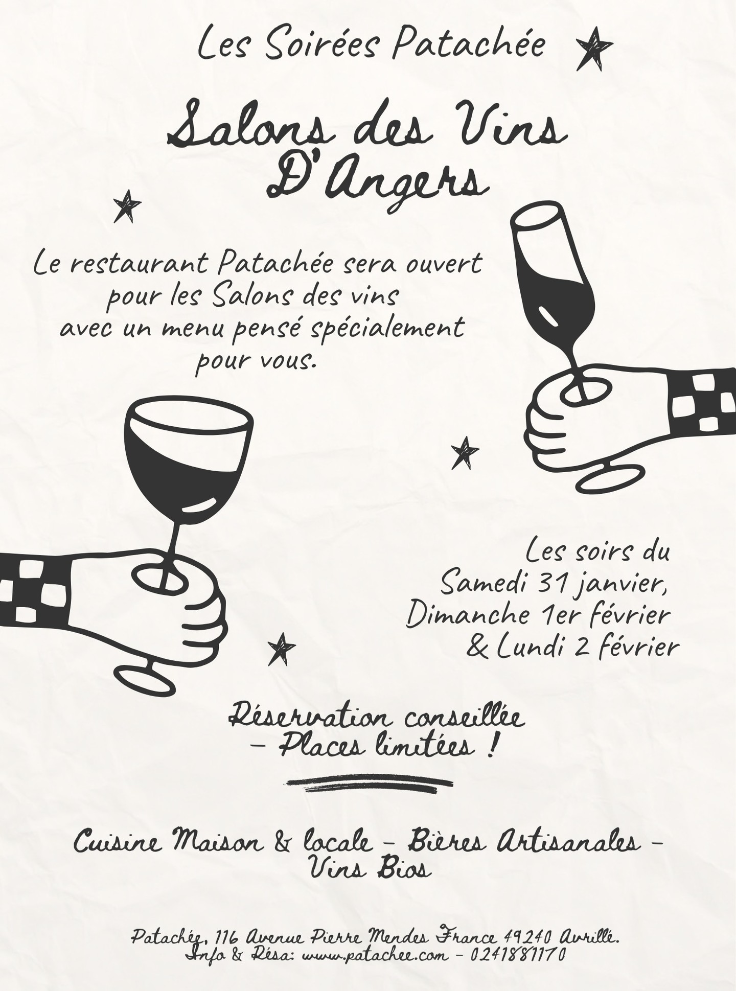🍷Les Soirées Patachée 🍾
Dans le cadre des salons des vins d'Angers,
le restaurant sera exceptionnellement ouvert les soirs 🥳
🗓️
Le samedi 31 janvier
le dimanche 1er Février
et le lundi 2 Février
Ouverture réservée aux restaurateurs, vignerons et amateurs de bons flacons.
Cuisine maison, bières artisanales et vin bio seront au rendez-vous. 🍷
🍽️ Menu à l'ardoise : 45€ / personne.
👉Infos et résas en MP, par téléphone ou via internet (lien en bio)
Restaurant Patachée 116 Avenue Pierre Mendès France à Avrillé - à 20min du centre ville en tram
#angers #restaurant #foodangers #mangezbienbuvezsain #food #gastronomie #restaurantangers #wine #naturalwine #organicfood #organicwine