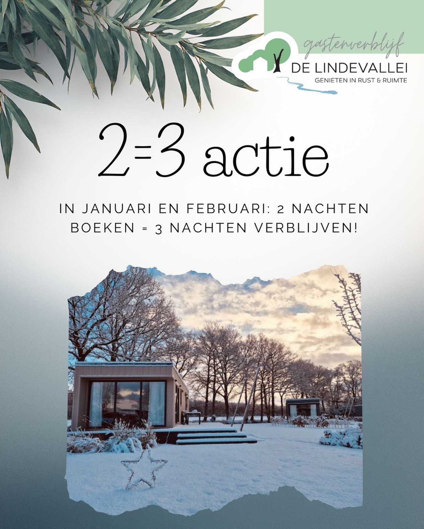 ❄️ Winterrust bij De Lindevallei ❄️
Geniet extra lang van stilte, natuur en comfort.
In januari & februari verblijf je 3 nachten voor de prijs van 2.
📅 Boek 2 nachten
🌙 Blijf 3 nachten
✨ Ontspan een dag extra
Reserveer nu en kom helemaal tot rust 🧘♀️
Te boeken via info@delindevallei.nl.
✔️Op basis van beschikbaarheid en alleen geldig op nieuwe boekingen in januari en februari.
#2=3actie #winterdeal #delindevallei #genieteninrust #gastenverblijf winterverblijf evenweg