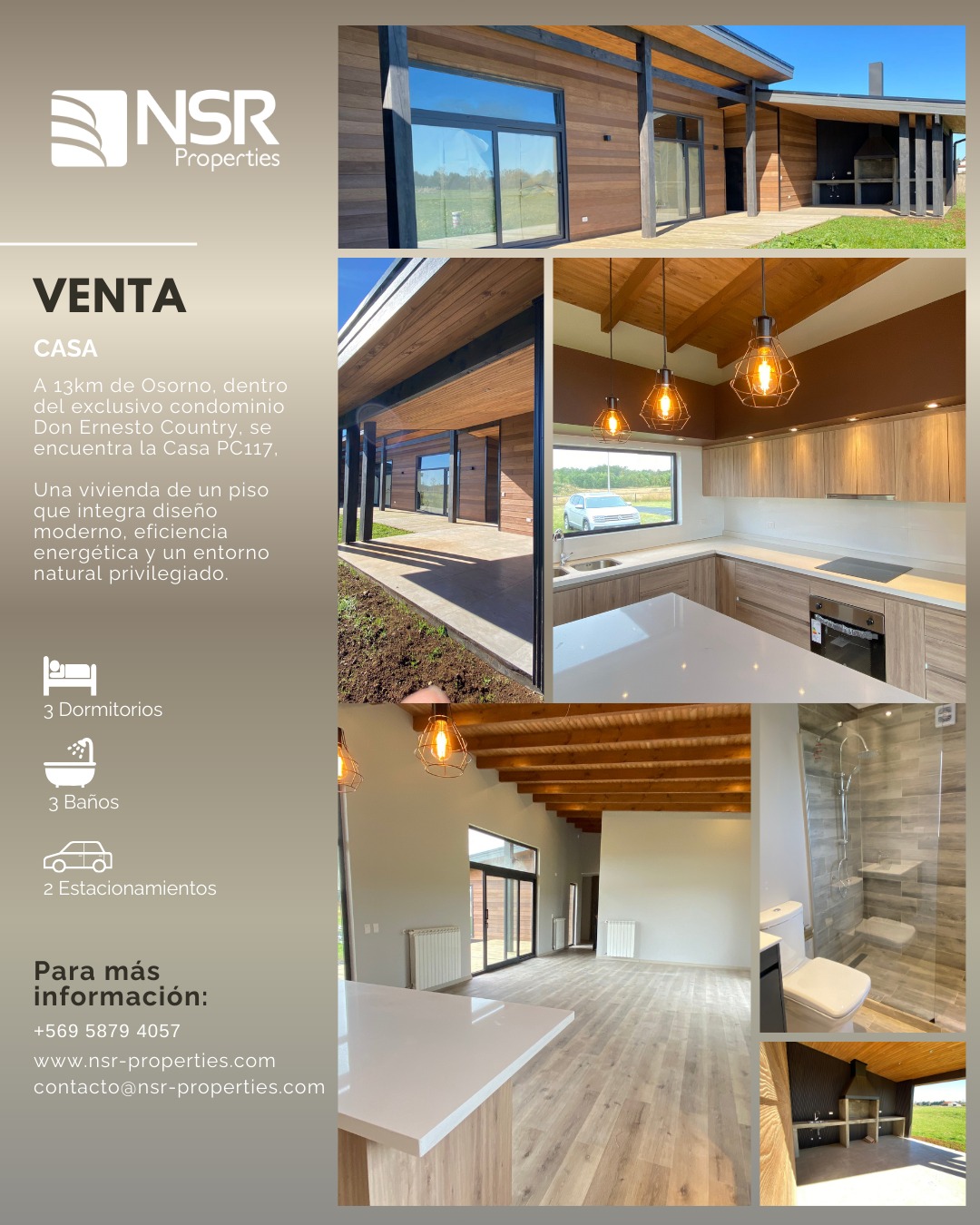 NUEVA, DON ERNESTO COUNTRY, CONDOMINIO, SIN COMISION
Terreno: 5.000 m² | Construcción: 233,7 m2 totales | Condominio
En la Región de Los Lagos, dentro del exclusivo condominio Don Ernesto Country, se encuentra la Casa PC117, diseñada en un piso que integra arquitectura moderna, eficiencia energética y un entorno natural privilegiado. Proyecto pensado para una vida familiar y confortable en el sur de Chile.
UBICACIÓN:
El condominio está estratégicamente ubicado sobre el km 13 de la ruta U55-V, camino a Puerto Octay a la altura de Pichil.
DISTRIBUCIÓN:
Piso 1: Espacio general.
• Hall de recepción.
• Living–comedor con amplios ventanales y vistas a volcanes y entorno.
• Cocina íntegramente amoblada con isla. Muebles de líneas modernas. Cubierta de cuarzo. Encimera y horno eléctricos. Campana. Espacio para lavavajillas.
• Baño de visitas con luz natural.
• Logia y bodega.
Piso 1: Espacio privado.
• Master suite: Dormitorio principal con walk-in closet XL, con divisiones interiores e iluminación led. Baño con doble lavamanos, shower-door y luz natural.
• Dos dormitorios con closets.
• Baño con shower-door y luz natural.
• Closet para ropa blanca.
Exterior:
• Quincho techado con espacio para parrilla y lavaplatos.
• Terraza.
• Estacionamiento techado para dos autos.
OTROS DETALLES:
• Ventanales de termopanel de PVC, color gris grafito.
• Luces instaladas.
• Pisos vinílicos.
• Baños con pisos de porcelanato.
• Sistema de aislación térmica en muros.
• Aislación térmica en pisos y cielos.
• Calefacción con bomba de calor. Radiadores de aluminio de alta transmitancia térmica.
• Termotanque para agua caliente.
DATOS ADICIONALES:
• Terreno de 5.000 m2.
• 151,3 m² útiles + 82,4 m² terrazas y quincho. 233,7 m2 totales
• Contribuciones: $59.000.-
• Gastos comunes: $40.000.-
• Precio de venta: U.F. 9.100.-
Disfruta el vídeo y contáctanos para coordinar una visita y conocer esta magnífica propiedad!
CONTACTO:
Cinthia García – +56 9 5879 4057
cinthia.garcia@nsr-properties.com