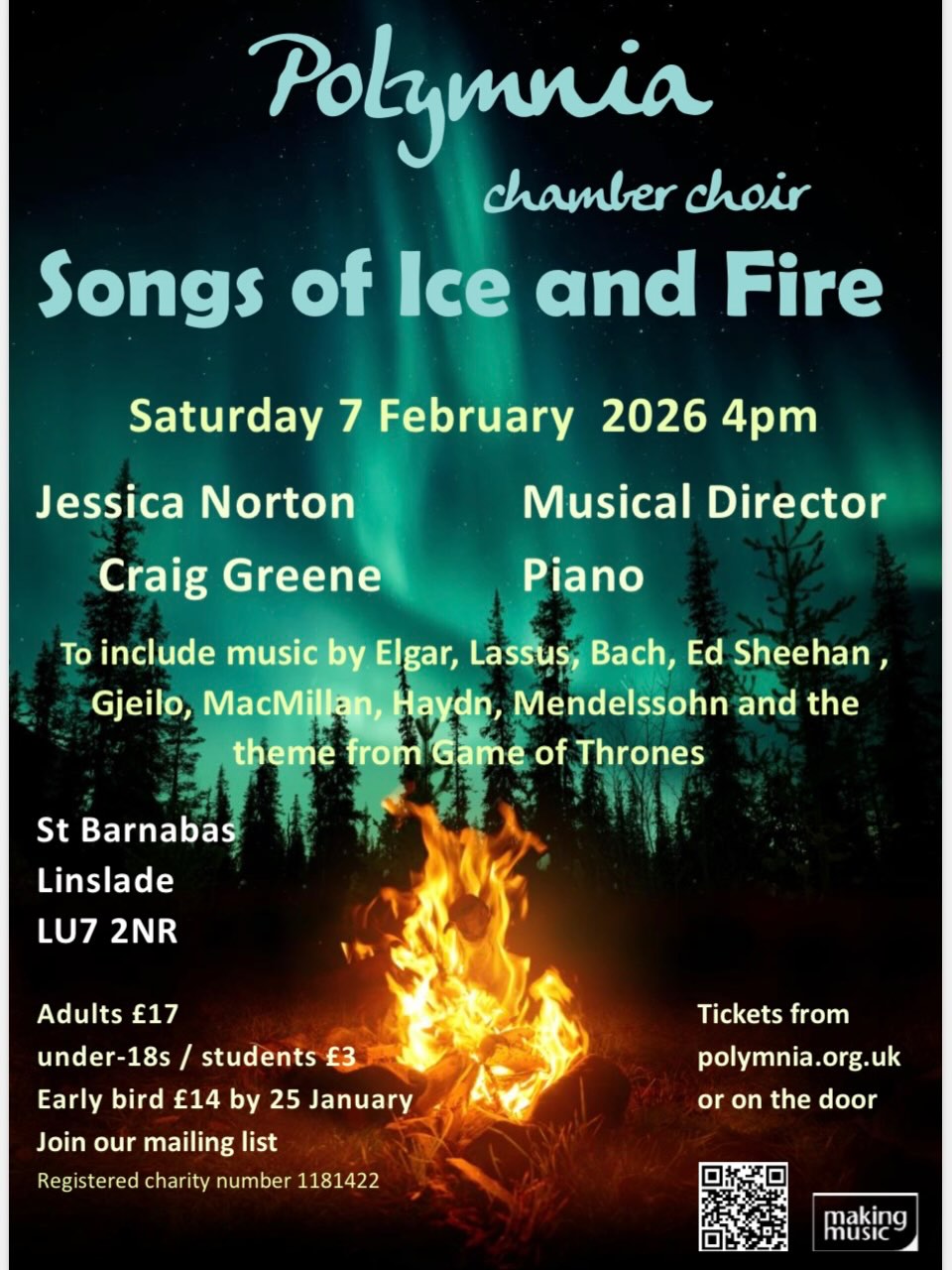 Tomorrow we get back to rehearsals for our upcoming concert Fire and Ice which is only four weeks away on 7th February at our usual time of 4pm. To be held at St Barnabas Church Linslade LU7 2NR
EARLY BIRD TICKETS AVAILABLE UNTIL JANUARY 25th
From Polymnia.org
With a very varied program from Elgar to Ed Sheehan there is no better way to make the transition between winter and spring.
Looking forward to seeing you there.
@jessicanortonvocals