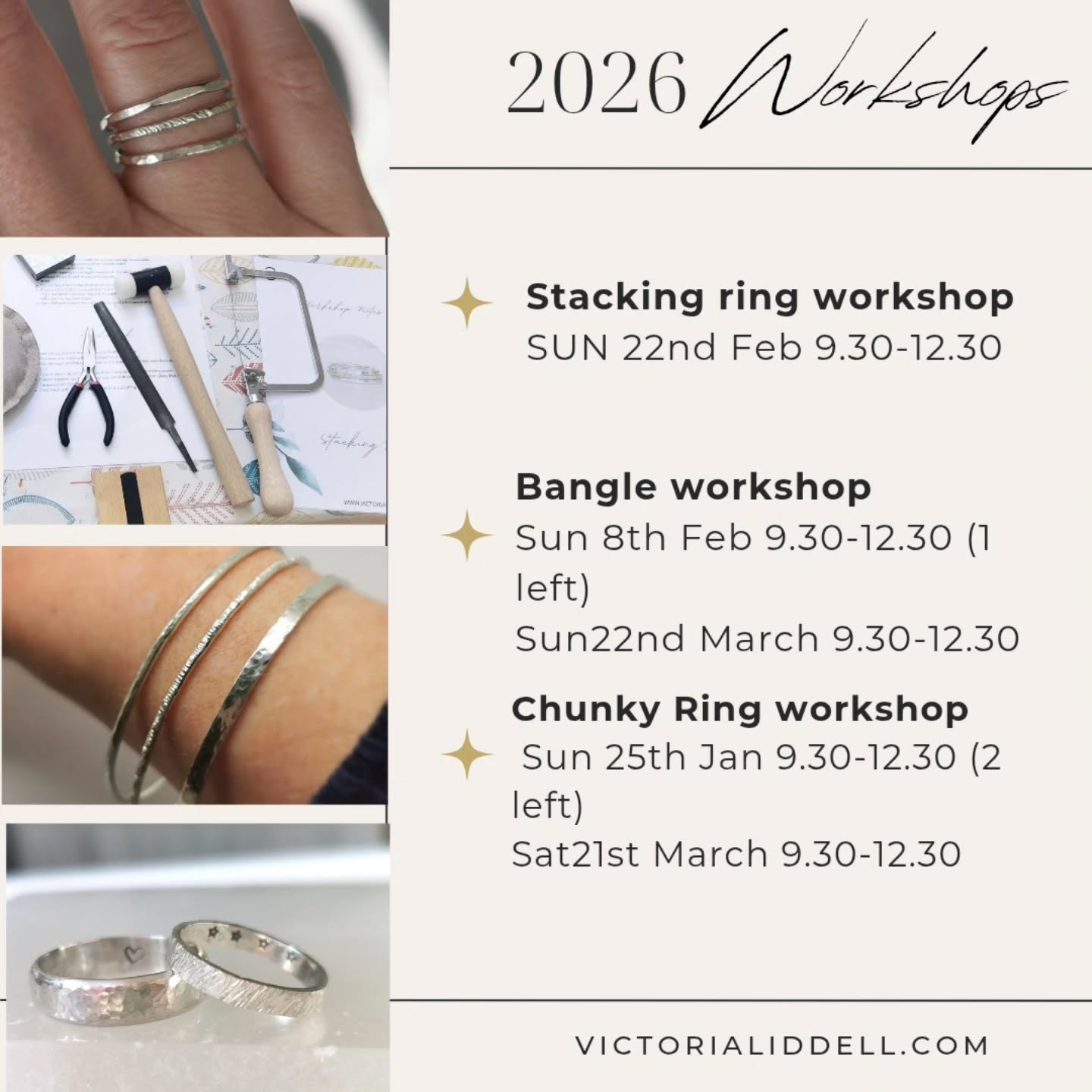 ✨ A heads-up about my jewellery workshops ✨
I wanted to let you know that, due to the recent rise in silver prices, my workshop prices will be increasing from the end of January.
If you’ve been thinking about joining a class, now is the perfect time to book and secure your spot at the current rate! You can book via my website or if you have a gift voucher please send me a message or email and I can book you on. 💍
Here are my upcoming Spring workshops: