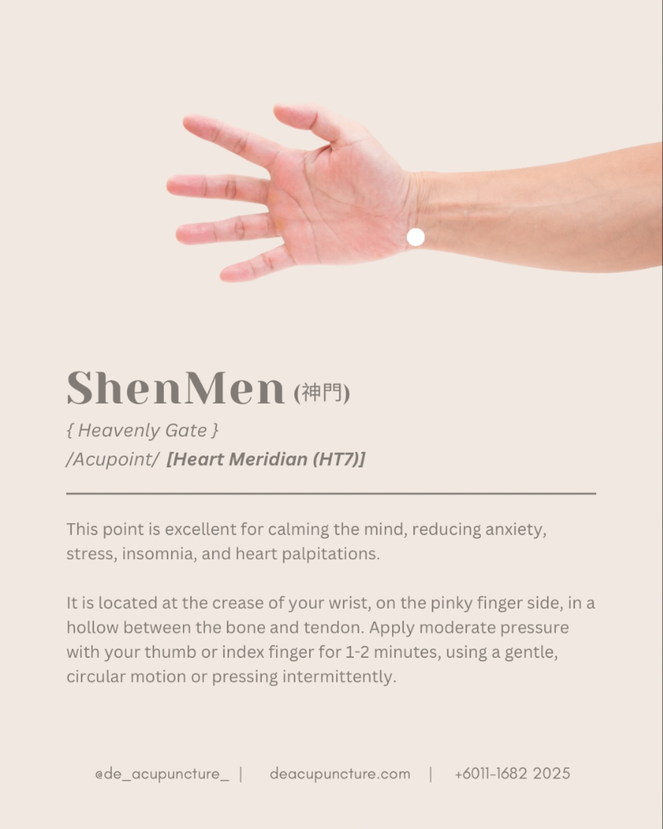 Got that lemau feeling? The solution is in your hand! ✋
If you’re stressed, can’t sleep, or feeling anxious, you need to know about Shenmen (HT7), the “Spirit Gate” point on your wrist! 🤯
In TCM, the Heart houses the Shen (Spirit/Mind). When your Shen is restless—say, from overwork or worry—you get symptoms like:
👉🏻Insomnia 😴
👉🏻Anxiety/Stress 😖
👉🏻Palpitations 💓
Shenmen’s job?
To open the gate to calm the heart, settle your Shen, and cool down any internal “fire” that’s keeping you awake. It’s the ultimate self-care point! ✨
Where is it?
Look at the crease on your wrist, on the side of your little finger. Feel for the slight dip just inside the main tendon. That’s your Shenmen!
How to use it at home:
Apply gentle but firm pressure with your thumb. Massage in a small circular motion for 1-3 minutes on one hand, then switch to the other. Do this before bed for better sleep, or anytime you feel panic or stress coming on! 🧘♀️
⚠️BUT—here’s the key part:
While acupressure is a great self-help tool, persistent anxiety or insomnia needs deeper attention. Self-massaging can give temporary relief, but only a TCM practitioner can diagnose the real root cause of your restless Shen (e.g., Blood Deficiency, Liver Qi Stagnation) and provide a long-term solution. 🔑
Have you tried Shenmen before and felt a difference? Tell us in the comments! 👇
Don’t let a restless Shen control your life! Consult our qualified TCM practitioners at 医心医意中医坊 De Acupuncture x Herbs Centre first. We’ll tailor a holistic treatment just for you, often including acupuncture at Shenmen and other powerful points.
Ready to unlock the gate to peace and quiet sleep? Click the link in our bio to book your consultation today! 💖
#Shenmen #HT7 #SpiritGate #Acupressure #TCM #AcupuncturePoint #Insomnia #AnxietyRelief #StressRelief #SelfCare #TCMTips #SubangJaya #USJ #ChineseMedicine #HeartHealth #Wellness