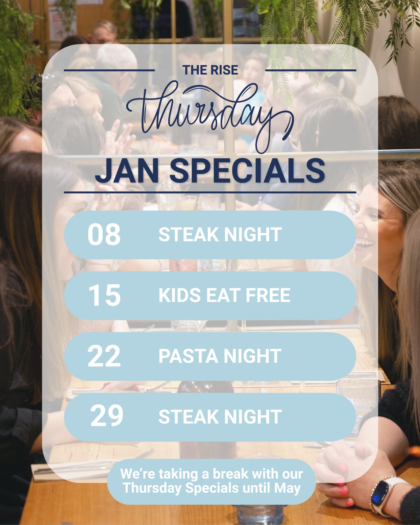 Thursday nights at The Rise 🤍
Good food, easy plans, zero fuss.
🥩 8 & 29 Jan Steak Night
300g porterhouse with chips or salad + beer or wine
$30
👨👩👧👦 15 Jan Kids Eat Free
Kids eat free with any main meal purchased
🍝 22 Jan Pasta Night
Bruschetta, pasta + a glass of wine
$30 pp
We’ll be taking a break from Thursday Specials until May.
📲 Bookings recommended, book via the link in our bio.