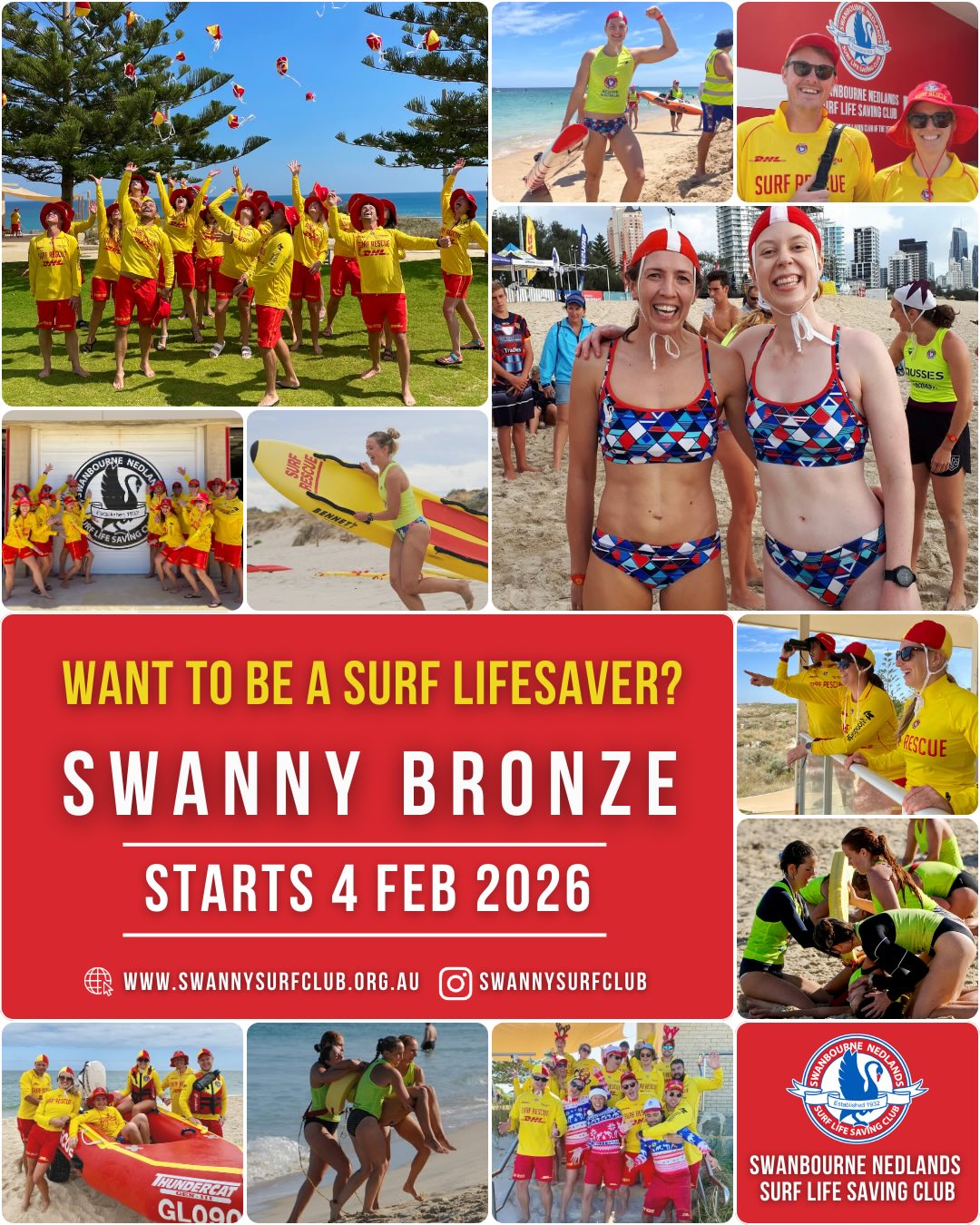 🙌Swanny Bronze starts 4 February 2026 🙌
If you’ve ever thought about becoming a life saver, this is what you’ve been looking for! Start off the new year with a great way to get or stay fit, make new friends and develop lifesaving skills that help keep your local community safe.
Tag or share with a friend who you think would make a great Swanny lifesaver. Registrations are now open. Check out the Bronze Medallion link in our bio for more information on the course and how to join ⛱️
#swanny #bronze #snslsc #sIswa #swimbetweentheflags #swanbourne #nedlands #ourbeach #mybeach #surfrescue #lifesaver #volunteer