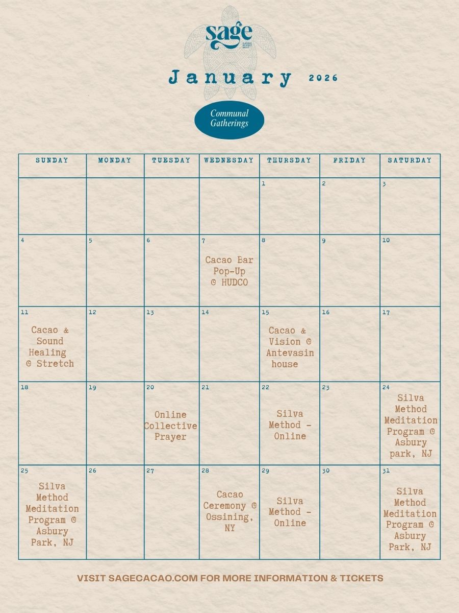 January Community Gatherings begins today! Our next upcoming one is this Sunday at 4:30pm located @thestretchyoga ! All props and laying area will be available when you arrive ❤️
TODAY : January 7
📍 @hudco.co | Until 5:00 PM
Cacao elixirs & herbal teas 🌱
SUNDAY : January 11
Monthly Soundbath
with @chynnadee & @marcusworldsoul
📍 @thestretchyoga
THURSDAY: January 15
Cacao & Vision
with @mairiblooms
📍 Brooklyn | @soy_antevasin
TUESDAY : January 20
Free Online Cacao Meditation & Collective Prayer with @chynnadee
Wednesday: January 28
Cacao Ceremony with @chynnadee
📍Ossining, NY
THE FULL SILVA METHOD TRAINING PROGRAM with @mindset_coach_manish
🖥 ONLINE
• January 22 & 29
📍IN PERSON - Asbury Park
• January 24, 25, 31
• February 1
We’d truly love to connect with you for this upcoming new year! Wishing you all a blessed 2026!
If any of these gatherings are calling to you, feel free to DM us with questions, curiosities, or intentions … or visit the links above to join us. We can’t wait to share space together 🤍