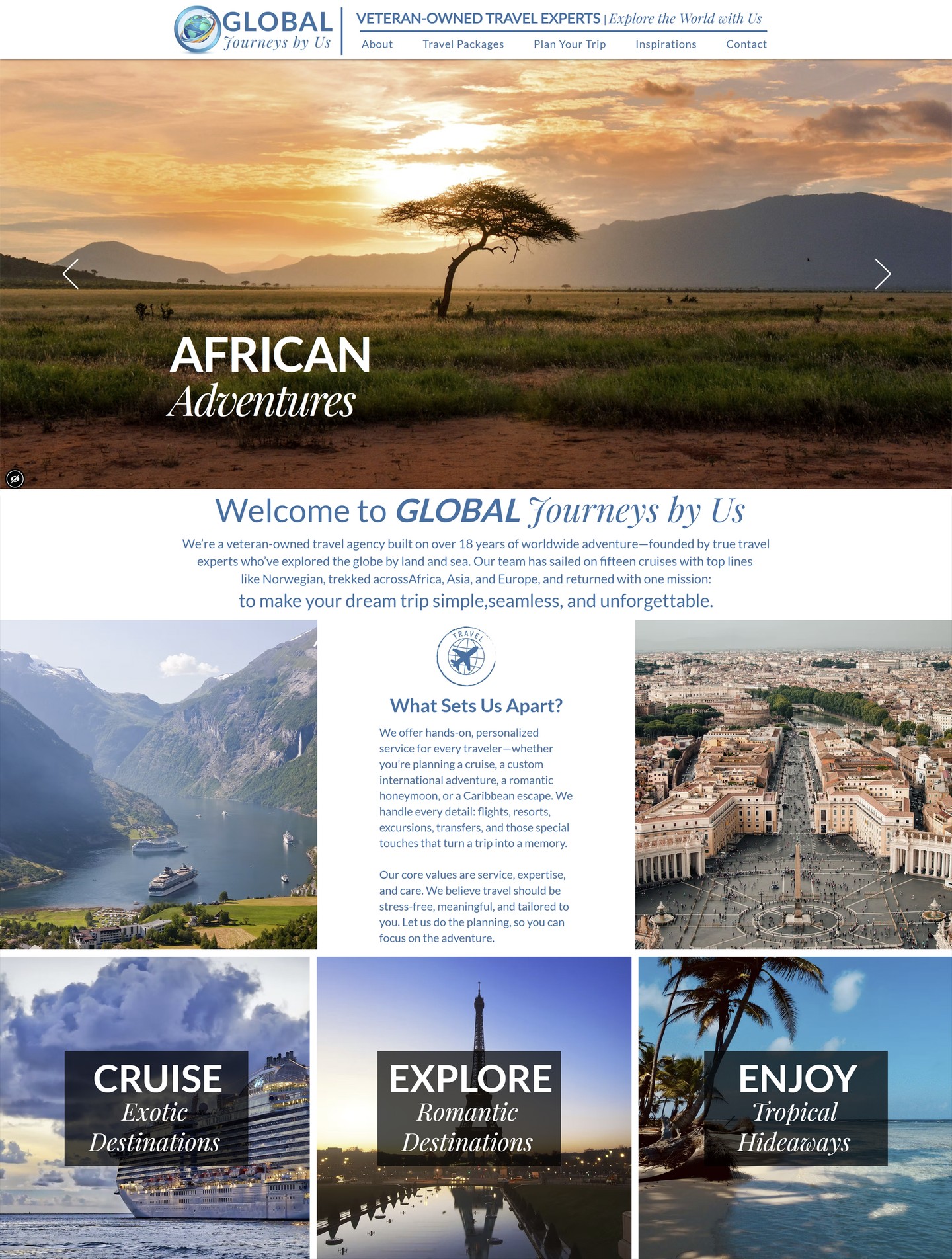 We’re excited to celebrate the launch of a brand-new website for Global Journeys by Us! Built on more than 18 years of worldwide adventure, Global Journeys by Us is a veteran-owned travel agency founded by true travel experts who have explored the globe by land and sea. Their team has sailed on over fifteen cruises with leading cruise lines and trekked across Africa, Asia, and Europe—bringing real, firsthand experience to every trip they plan.
Deb Newman had the pleasure of meeting owners Jim and Germa Batton at the North Stafford Rotary Annual meeting, and Rotarians love to work with other Rotarians. Congratulations to Global Journeys by Us on this exciting digital launch—we’re honored to be part of your journey! Explore the new site: https://www.globaljourneysnow.com/