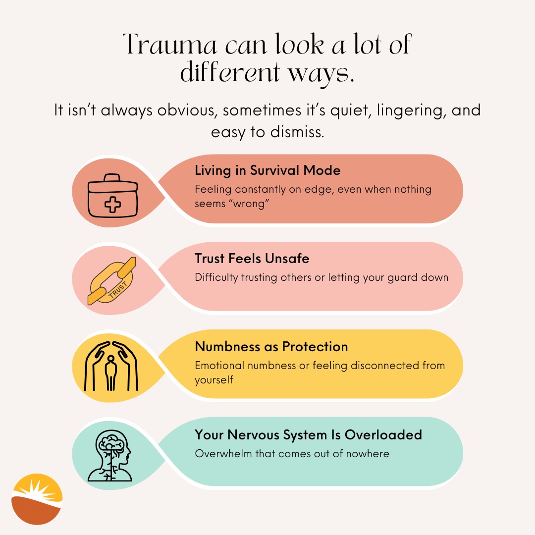 Trauma can look a lot of different ways.
It isn’t always loud or obvious, sometimes it’s quiet, lingering, and easy to dismiss.
It can show up as:
• feeling constantly on edge, even when nothing seems “wrong”
• difficulty trusting others or letting your guard down
• emotional numbness or feeling disconnected from yourself
• overwhelm that comes out of nowhere
Healing doesn’t mean reliving every painful moment or having the “right words.”
A trauma-informed therapy approach centers safety, choice, and pacing; honoring your nervous system and your lived experience.
You deserve support that meets you where you are, moves at your pace, and reminds you that you’re not broken, you’re human.